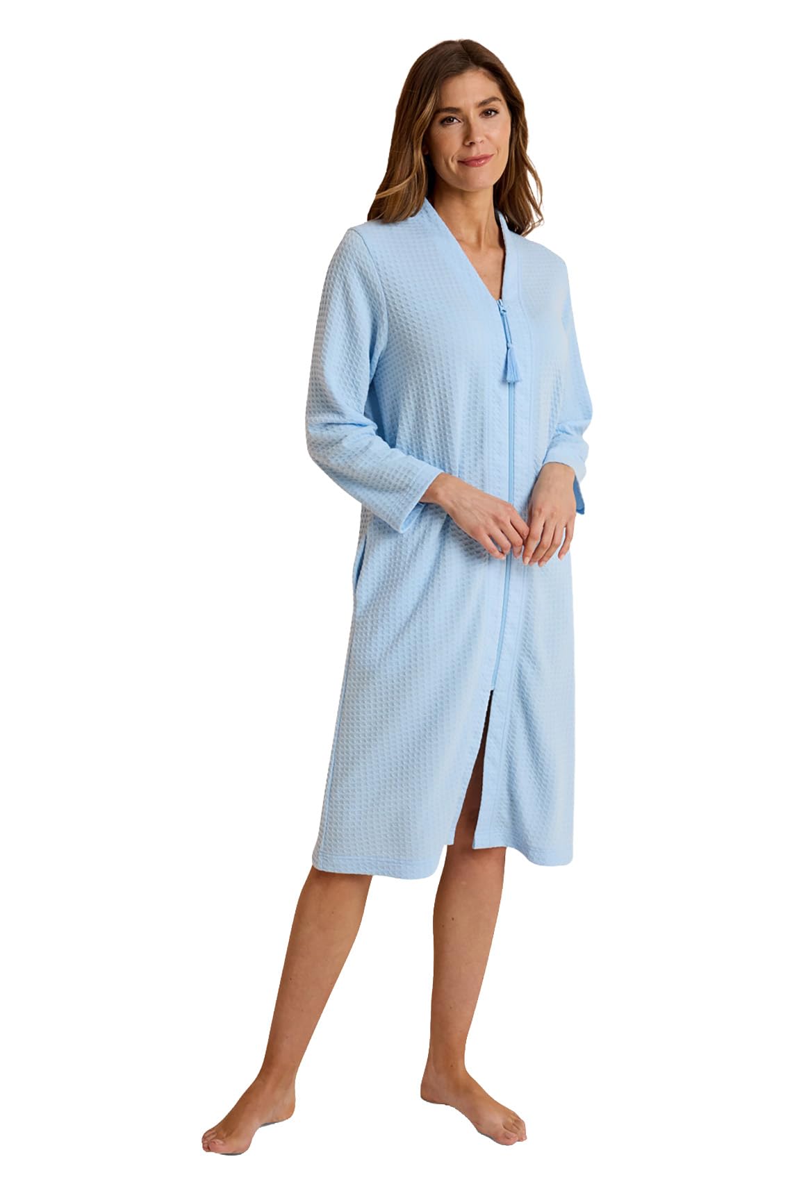 Chums Women's Blue Waffle Zip Through Dressing Gown, Soft Jersey Bathrobe With Tassel Zip Pull & Piping Detail L