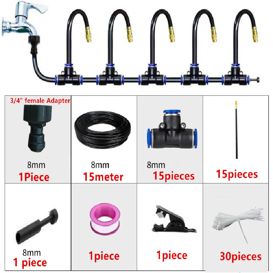 50Ft Drip Irrigation Kits Automatic Irrigation System, 360° Adjustable Garden Irrigation System, Lawn Watering System Bendable Nozzles +15 T-Joints-8mm + 15 Misting Nozzles + Faucet Adapter