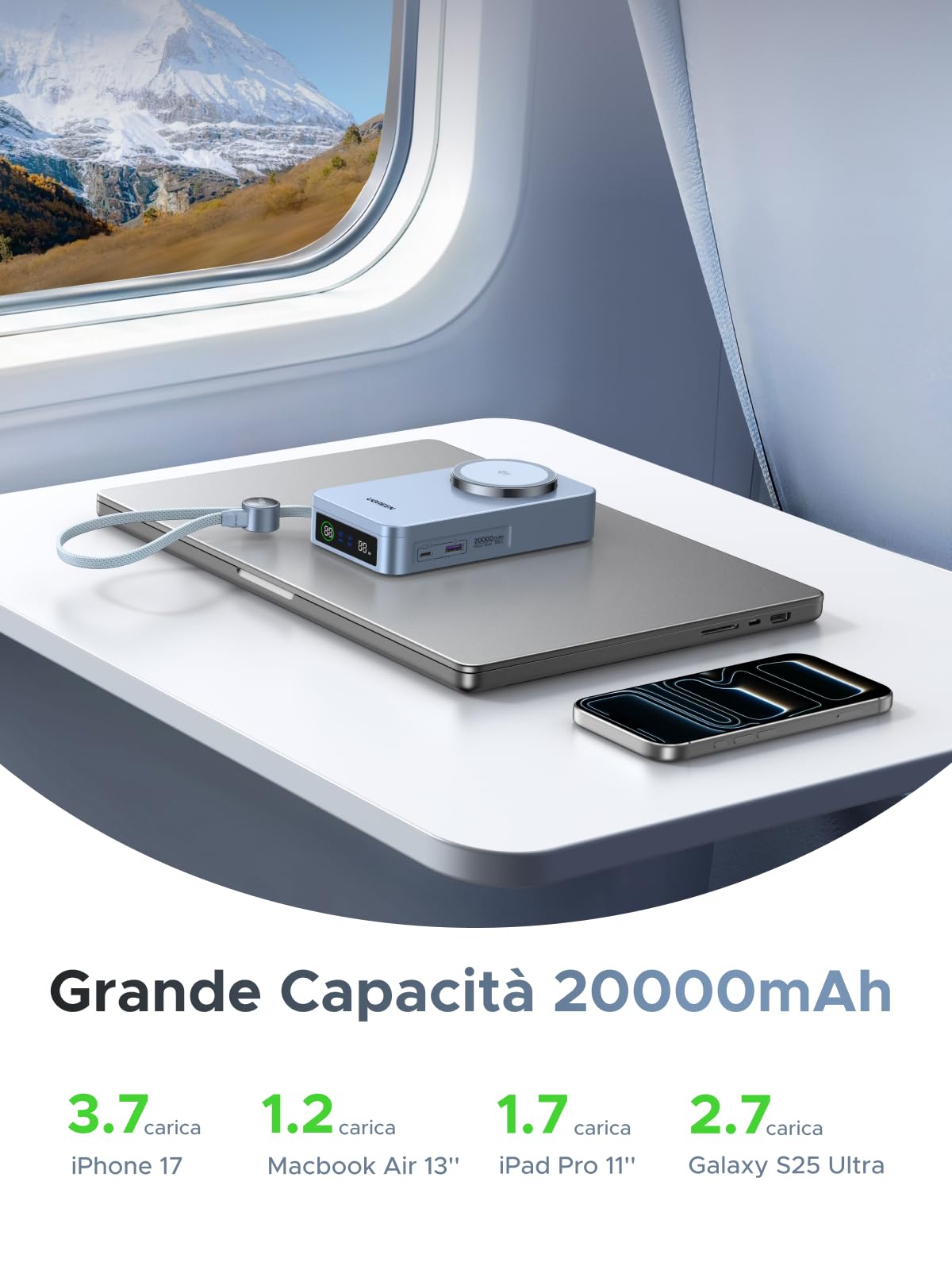 UGREEN MagFlow 2 IN 1 Qi2 25W Batteria Esterna Magsafe 20000mAh USB C 100W | Power Bank Wireless Caricatore Portatile Magnetico Ricarica Rapida Schermo TFT Compatibile con iPhone 17 16 15 14 13 AirPods