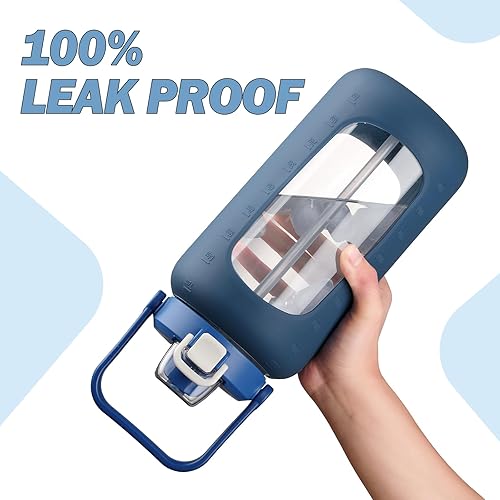 Miniatura 4 de Botella de agua de vidrio de 72 onzas con popote 2 en 1 y tapa de chug, botella de vidrio motivacional grande con marcador de capacidad y funda de