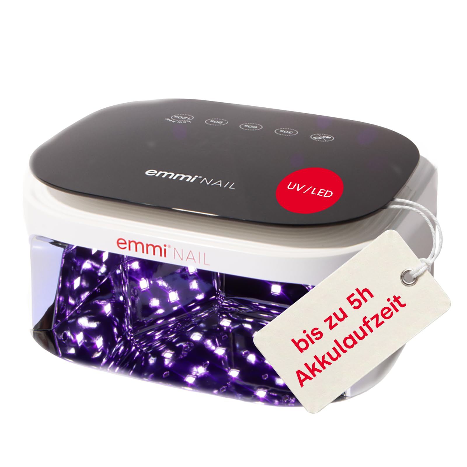 Emmi-Nail LED Lampe Akku White, UV/LED Nagellampe für Gelnägel, 24/48 Watt | Kabelloses UV/LED Lichthärtungsgerät für Gele & Lacke, 30 LEDs, Timer, Start-Sensor, Low-Heat & abnehmbare Bodenplatte
