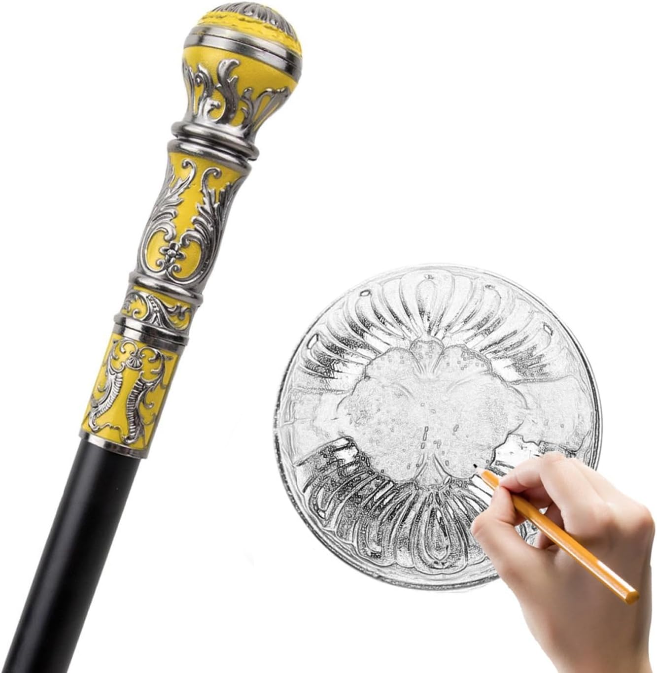 36.6in Silver Yellow Elegant Vintage Fashion Walking Stick, for Party Decorative Cane Elegant Crosier Knob Walking Stick