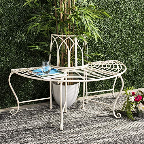Image of SAFAVIEH Outdoor - Abia Iron Tree Bench - Distressed White Iron Metal - Vintage Scrollwork Garden Design - Ideal for Patio, Deck, Porch, Garden, 17 inch Seat Height (PAT5018A)