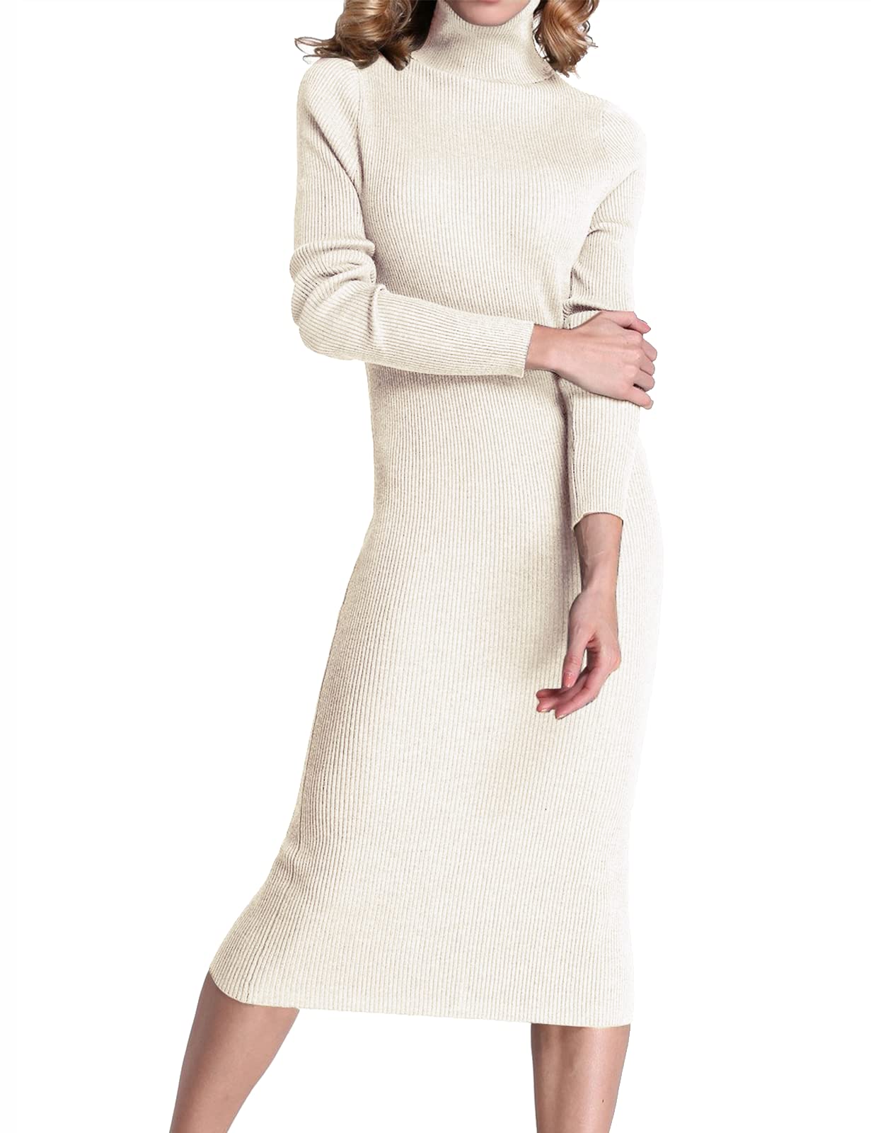 Rocorose Women's Turtleneck Ribbed Elbow Long Sleeve Knit Sweater Dress