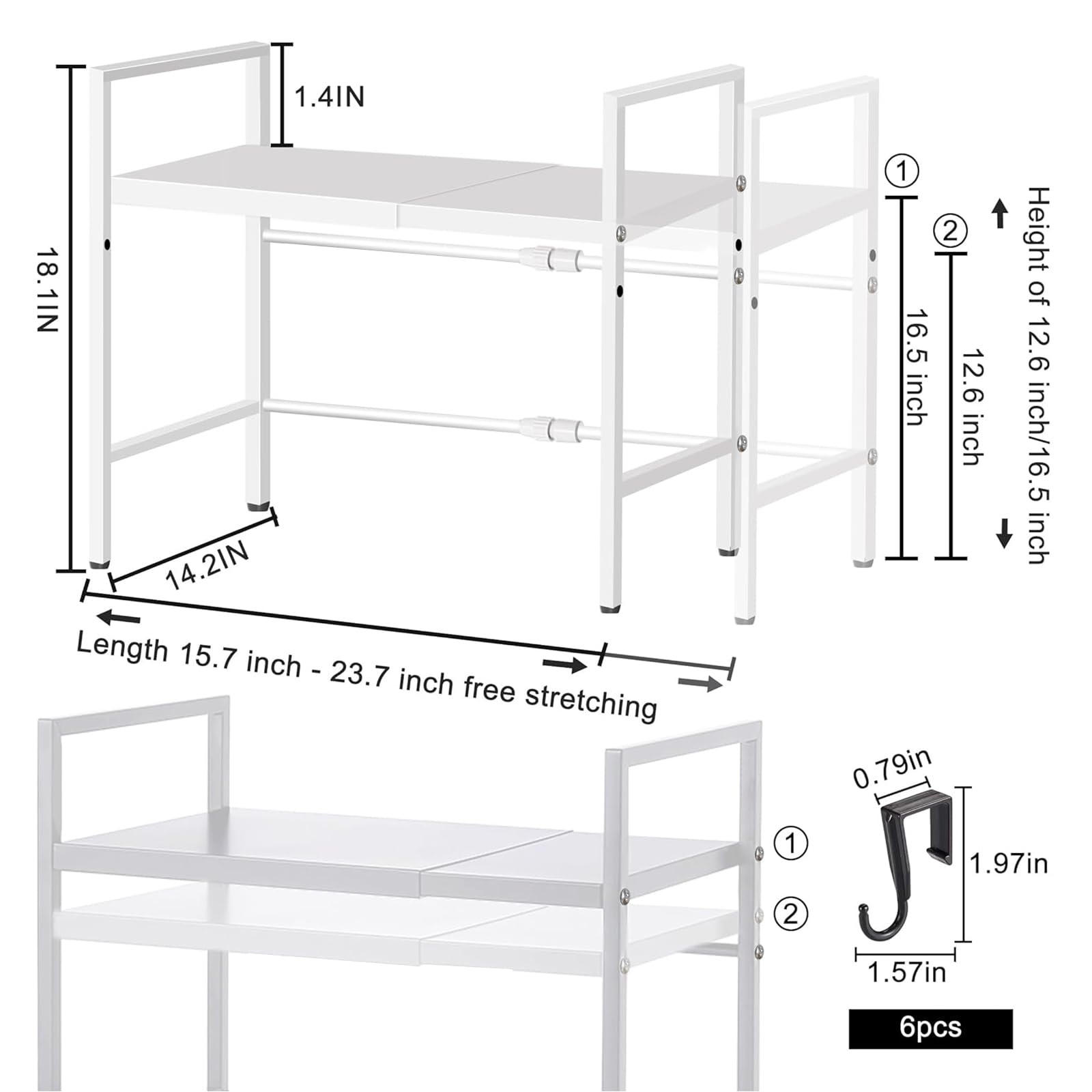 FANFX Microwave Shelf,2 Tier Adjustable Over Microwave Shelf Unit,Microwave Stand with Cutting Board Rack & 6 Hooks,Carbon Steel Kitchen Shelf Organizer for Countertop,Pots,Pans&Cutting Boards(White) - Image 2