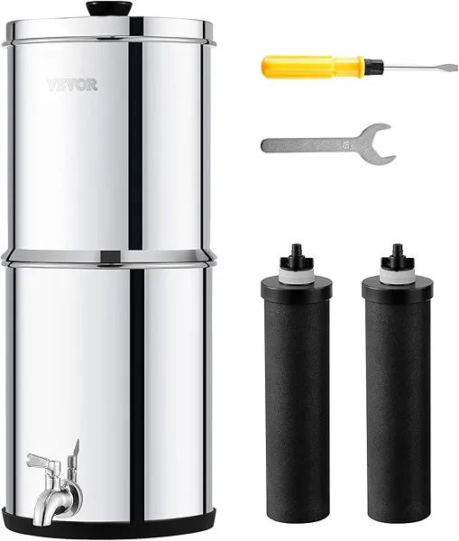 VEVOR Gravity-fed Water Filter System, 2.25G 304 Stainless-Steel Countertop System, Water Filtration System, Reduces Lead and up to 99% of Chlorine, with 2 Carbon Filters & Spigot, for Home Camping RV