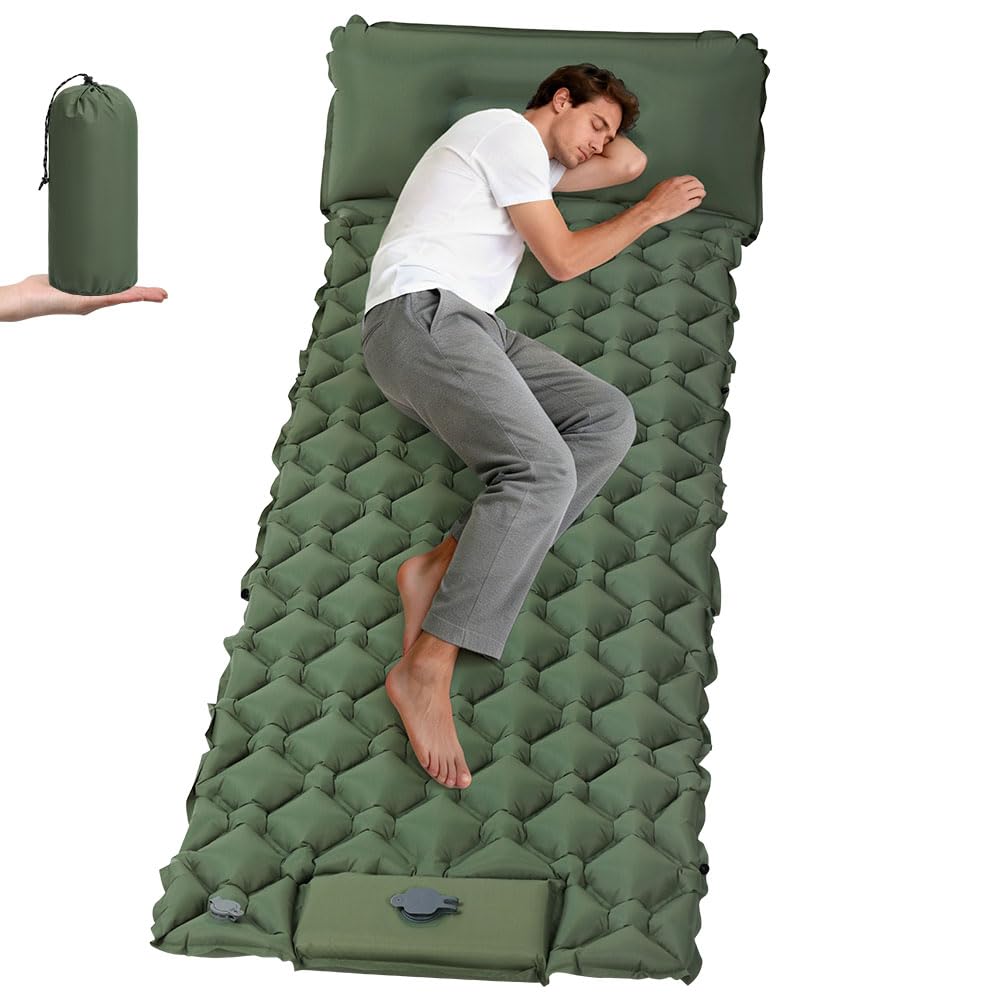 AUYAO Nadmuchiwany materac, 190 cm x 60 cm x 5 cm Samopompujący materac z pompką nożną, pojedynczy nadmuchiwany materac z poduszką, mata do spania na kemping, podróże, na zewnątrz, plaża