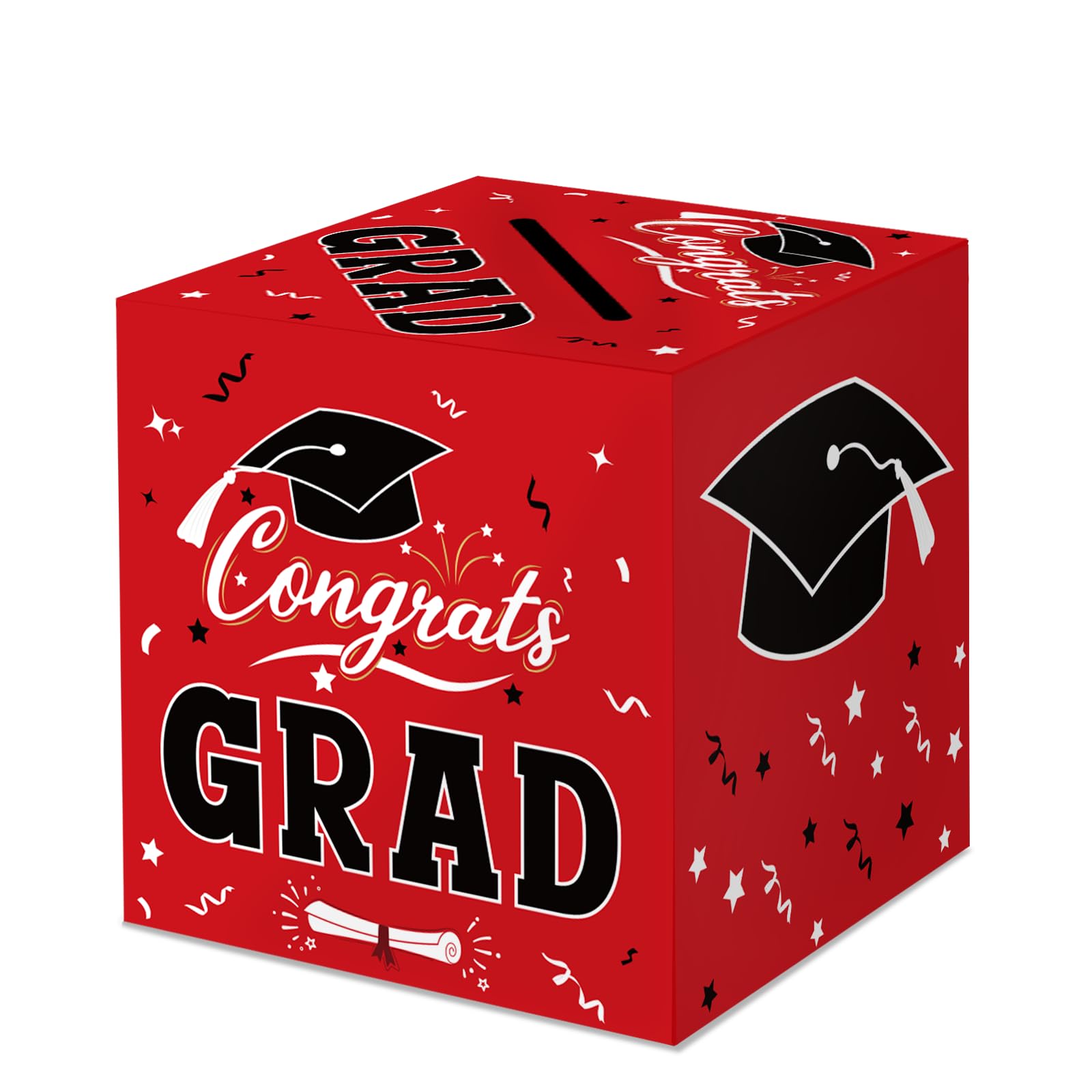 Graduation Congrats Card Box, 2025 Graduation Party Decorations, Congrats Grad Foldable Cardboard Decorations Money Box Holder for Gift Favors Decor Supplies Red