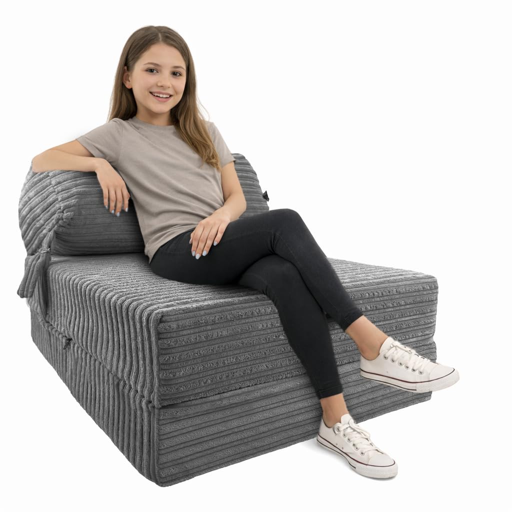 Futon Z Single Chair Bed | Folding Fold Out Single Z Bed Mattress | Fire Retardant Material | Soft & Comfortable Seat Sofa | Lightweight Sleepover Chair Sofa Futon (Charcoal)