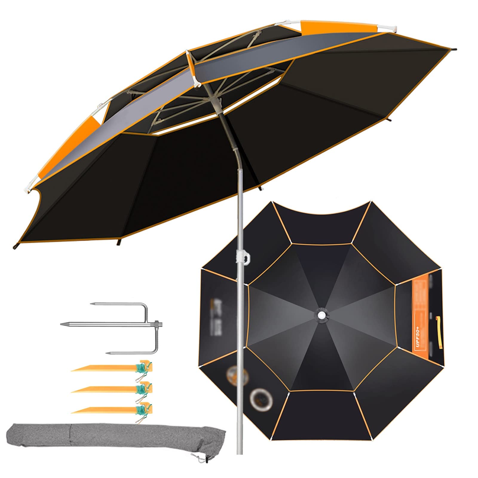 LIGUOYI Parasol plażowy, parasol przeciwsłoneczny, 6,5' 7,8' 8,5' parasol wędkarski UPF50+, do użytku na zewnątrz, odchylany parasol przeciwsłoneczny, regulowana wysokość, słup ze stali nierdzewnej z 16 żebrami, przenośny parasol, 7.2Ft(220cm)