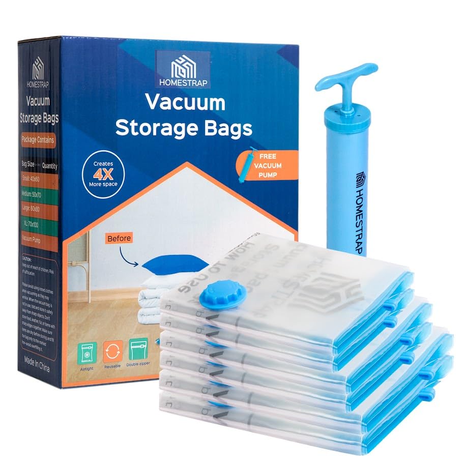 HomeStrap Vacuum Storage Bags with Pump (Pack of 6) 2 Medium 2 Large 2XL| Airtight and Reusable Space Saver Double Ziplock Compression Bags with Vacuum Pump|Creates 4x More Space for Clothes, Blankets