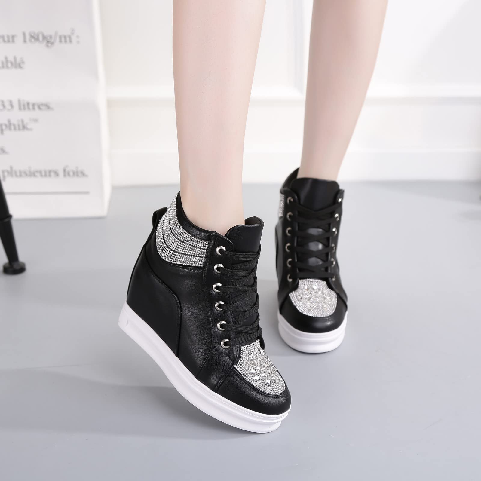 rismart Plataforma Botines Mujer Brillantina High-Top Moda Cuñas Zapatillas con Cordones