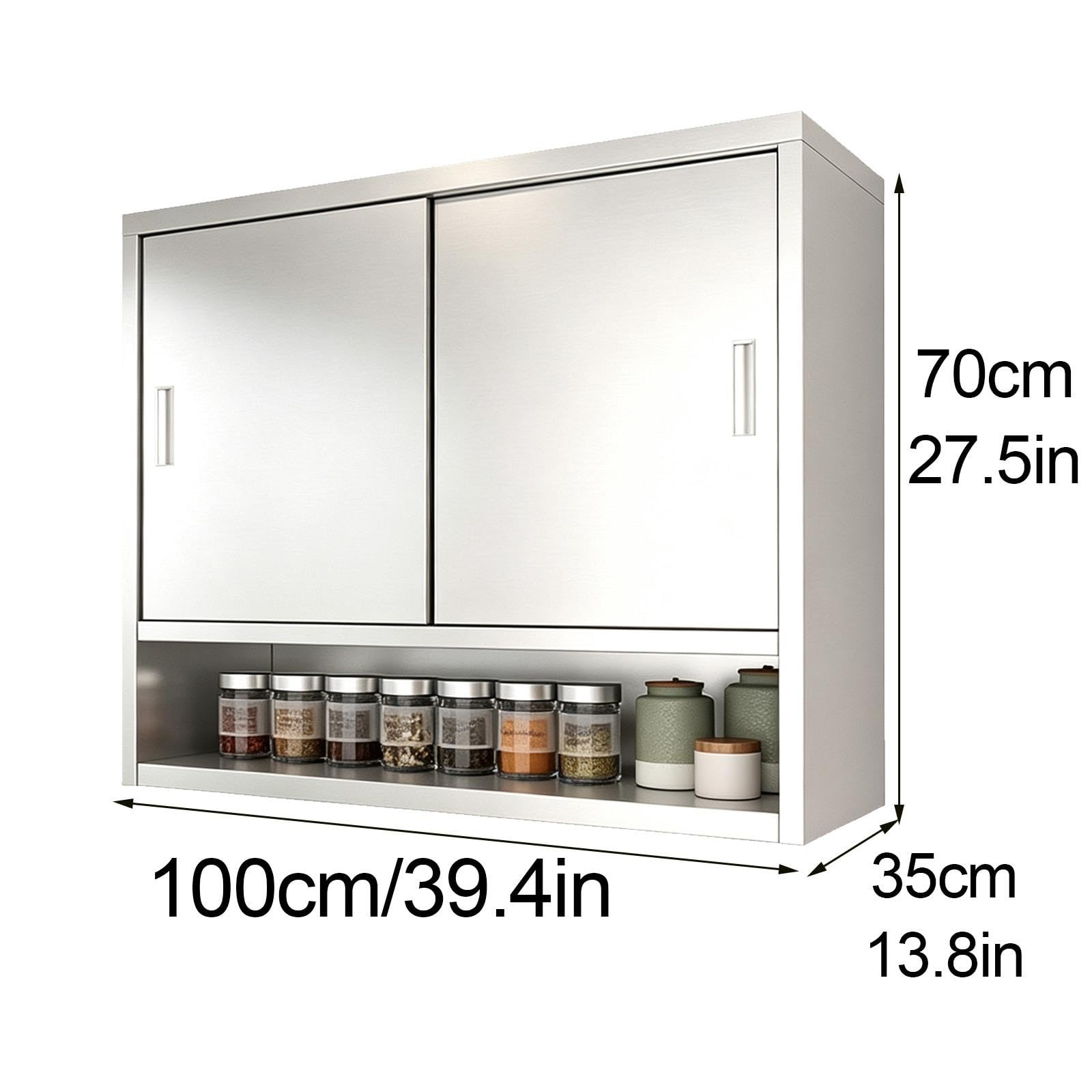 Pensile Cucina Acciaio Inox 304, Porte Scorrevoli Ripiano Regolabile