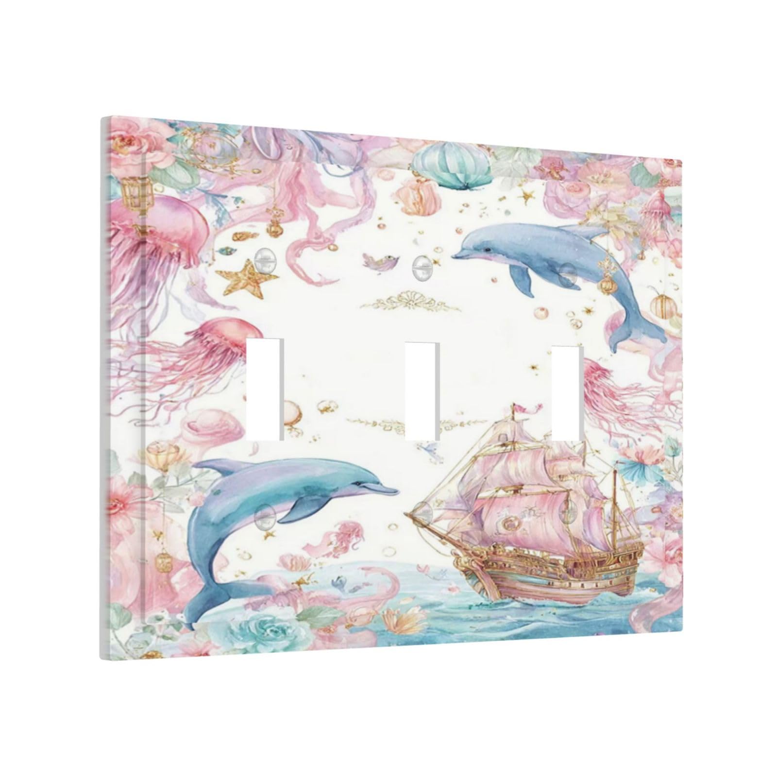 Yamxbfa Decorative Light Switch Cover Plate Whimsical Pink Pirate Ship Dolphin Jellyfish 3 Gang Wall Plates Triple Toggle Electrical Switch Plate Covers Outlet Covers Faceplate for Nursery Decor