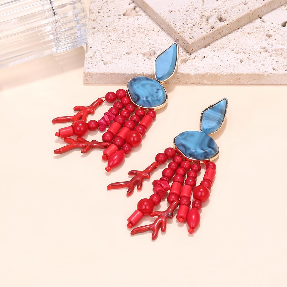 Boho Red Bead Tassel Earrings for Women, Geo Turquoise Stone Stud Beads Drop Earrings with Handmade Tassel for Summer Beach, Party - Image 4