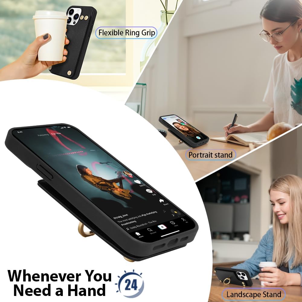 LAMEEKU for iPhone 15 Pro Wallet Case 6.1'', Leather Case with Card Holder, 360°Rotation Ring Stand, RFID Blocking Snap Button Protective Case for Women Men for Apple iPhone 15 Pro Black (2023)