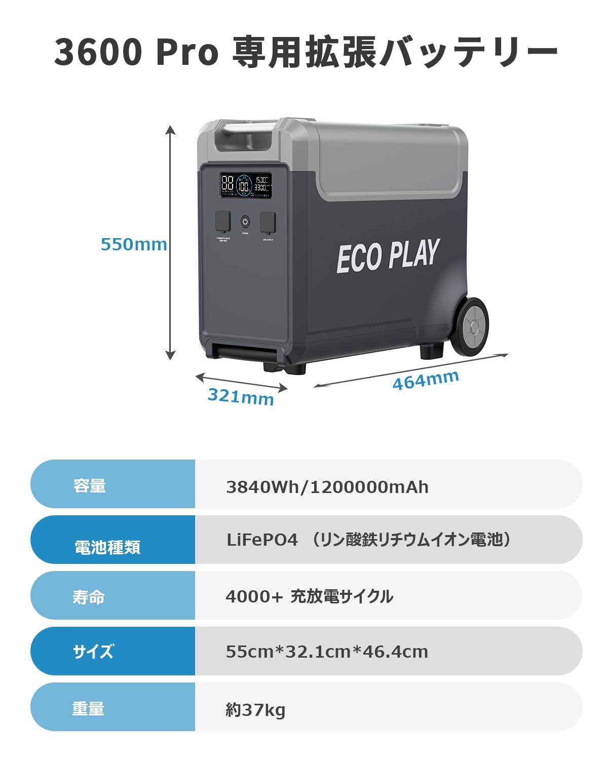 ECO PLAY ポータブル電源 3600 Pro Amazon.co.jp: 「Eco Play 3600 Pro 」ポータブル電源専用容量