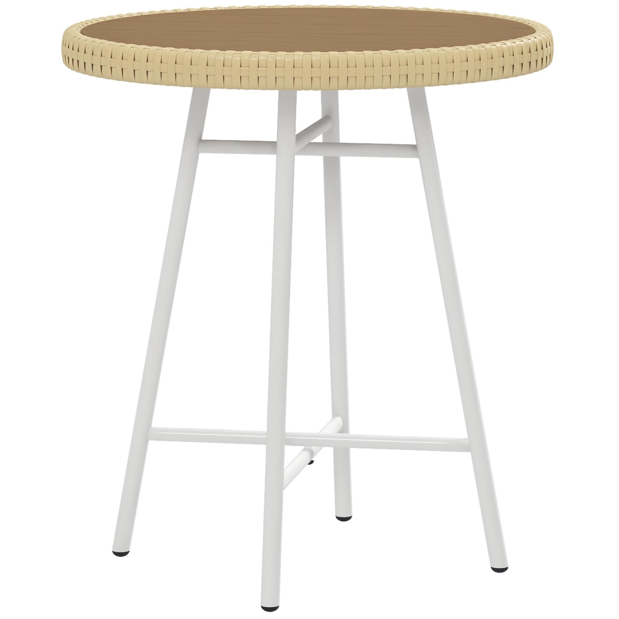 Outsunny Mesa Auxiliar de Ratán Sintético Carga 30 kg 50x50x55 cm Natural | Mesa de Centro Redonda, Tablero de Madera Plástica, Marco de Acero Galvanizado, para Terraza Balcón Jardín