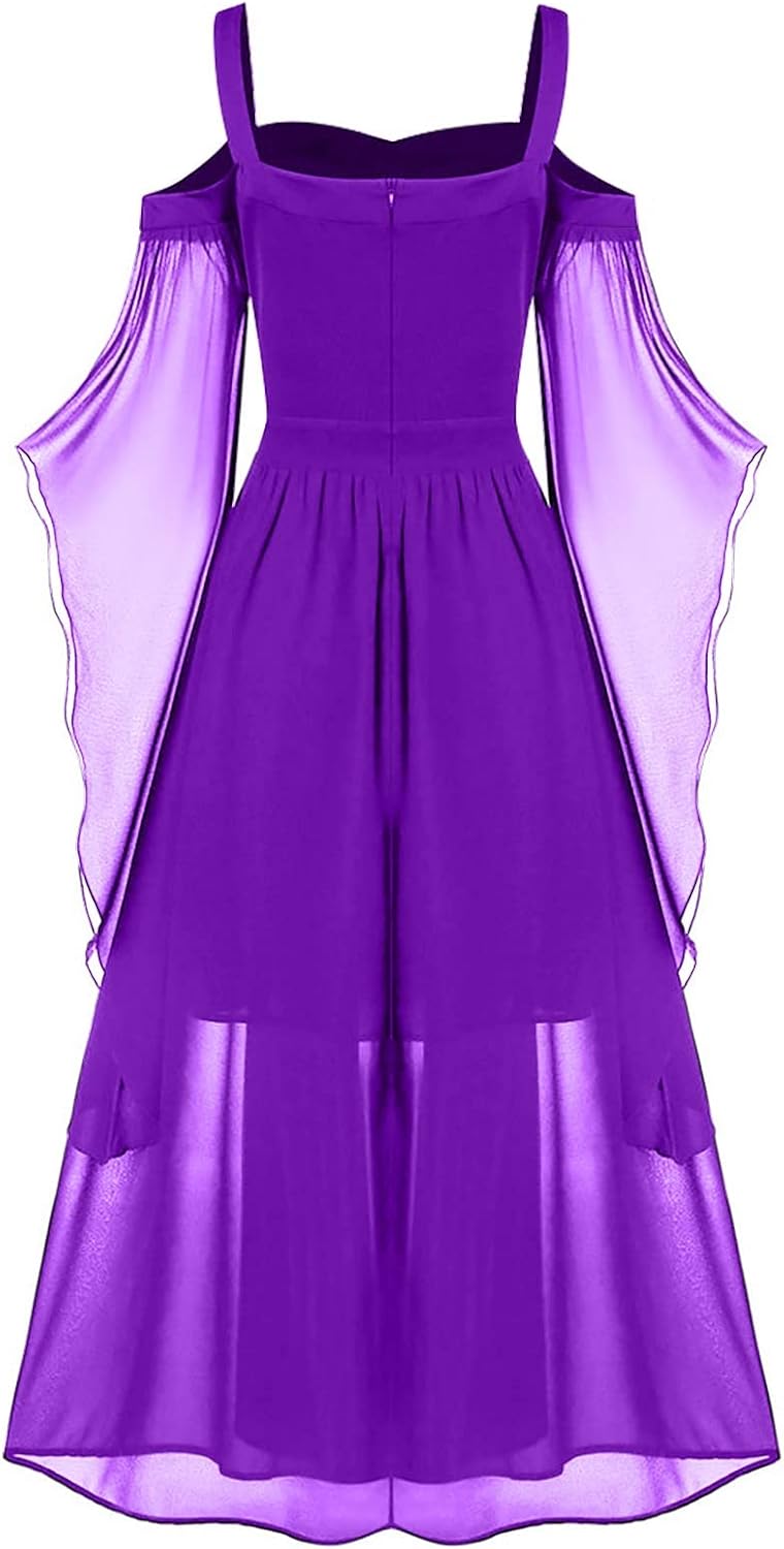 Generic Halloween Costumes for Women 2024 Cold Shoulder Fairy Dress Chiffon Vintage Dress Flare Shoulder Renaissance Dress Purple, 5X-Large
