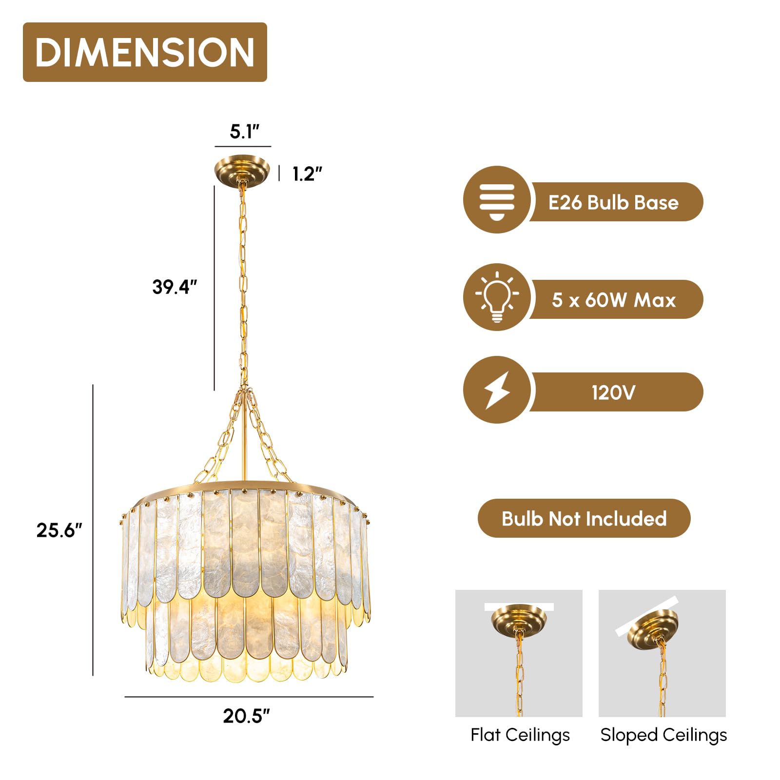 Moderner 5-flammiger Muschel-Kronleuchter, 2-stufige facettierte Pendelleuchte mit goldenem Metallrahmen, E26 Beleuchtungskörper für Esszimmer, Schlafzimmer, Wohnzimmer