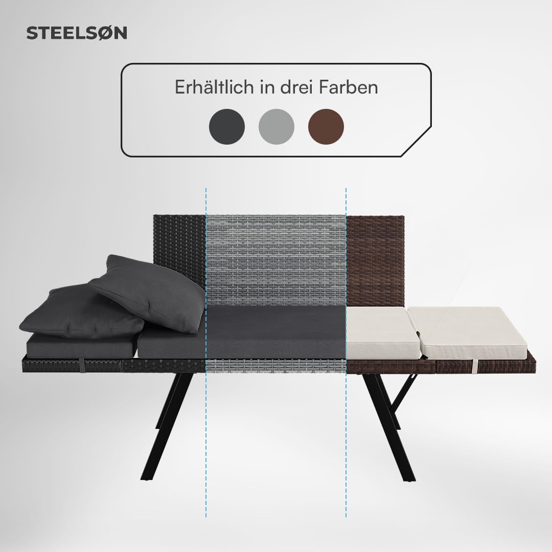 STEELSØN Elytra Gartenbank inkl. Auflagen & Kissen – klappbares Loungesofa grau – Rattan Sonnenliege wetterfest – Terrassen Sitzbank Liegefunktion bis 177 cm – Gartencouch mit verstellbaren Armlehnen