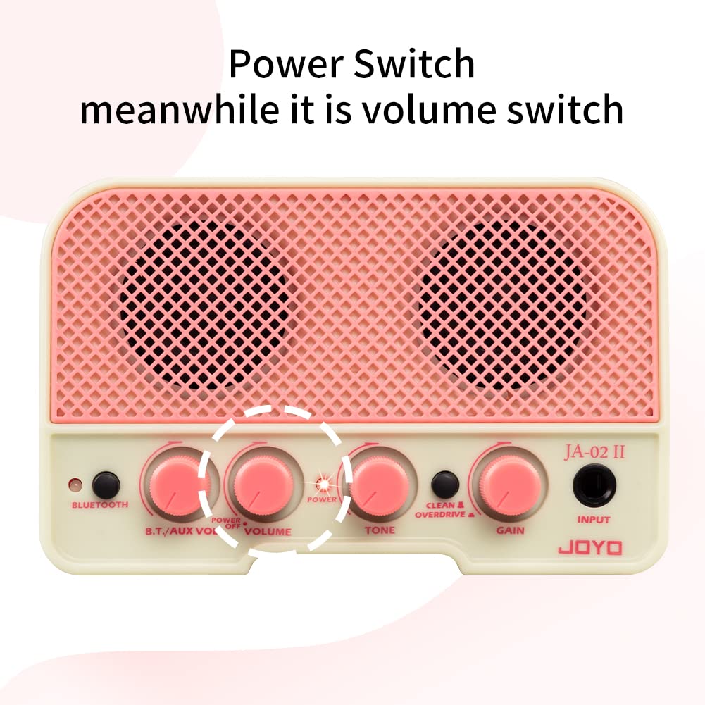 JOYO Mini amplificador de guitarra de ejercicio 5 W pequeño amplificador de guitarra recargable de dos canales con conexión Bluetooth para auriculares (JA-02 II Rosa)