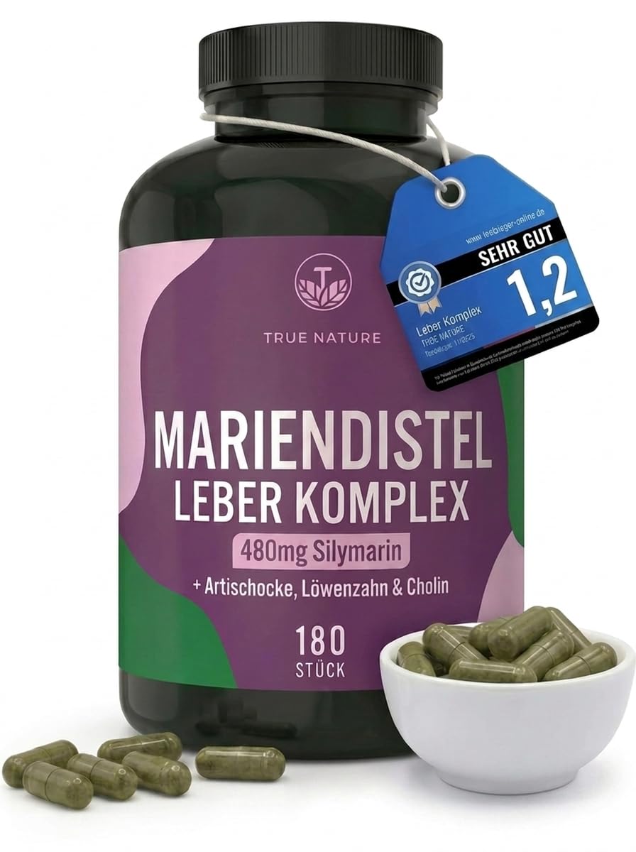 Mariendistel Leber Komplex - Testsieger-Online 11/25 - 180 Kapseln - 480mg Silymarin - Mariendistel, Artischocke, Löwenzahn, Cholin trägt zur Erhaltung einer normalen Leberfunktion bei - TRUE NATURE