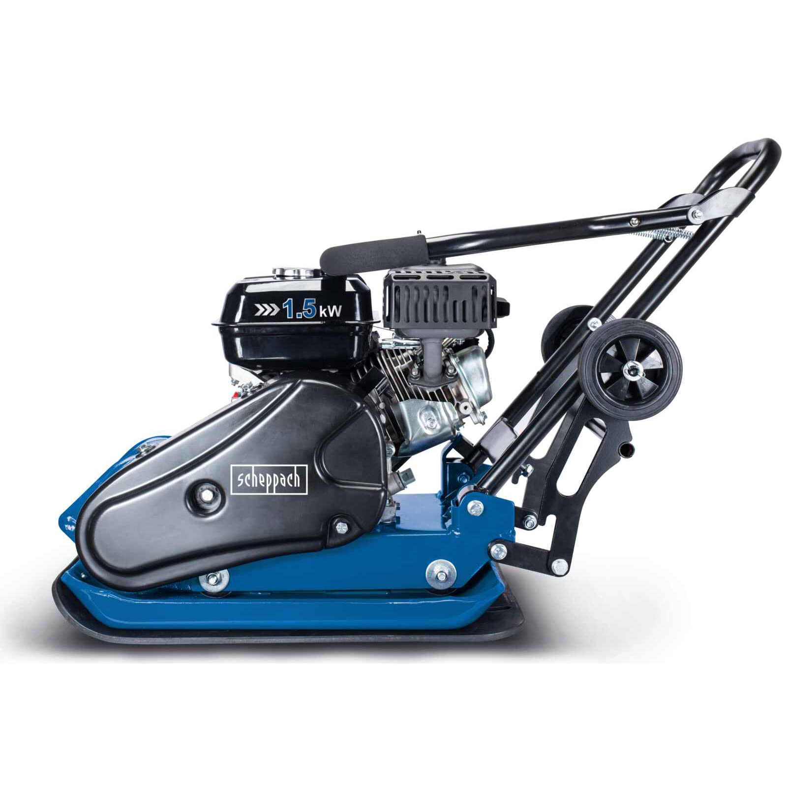 Scheppach Benzin Rüttelplatte HP1400S Verdichter Rüttler Vibrationsplatte | 2 PS Leistung | 13 kN Verdichtungsdruck | 25cm Verdichtungstiefe | Komplettset inkl. Gummimatte und Fahrvorrichtung