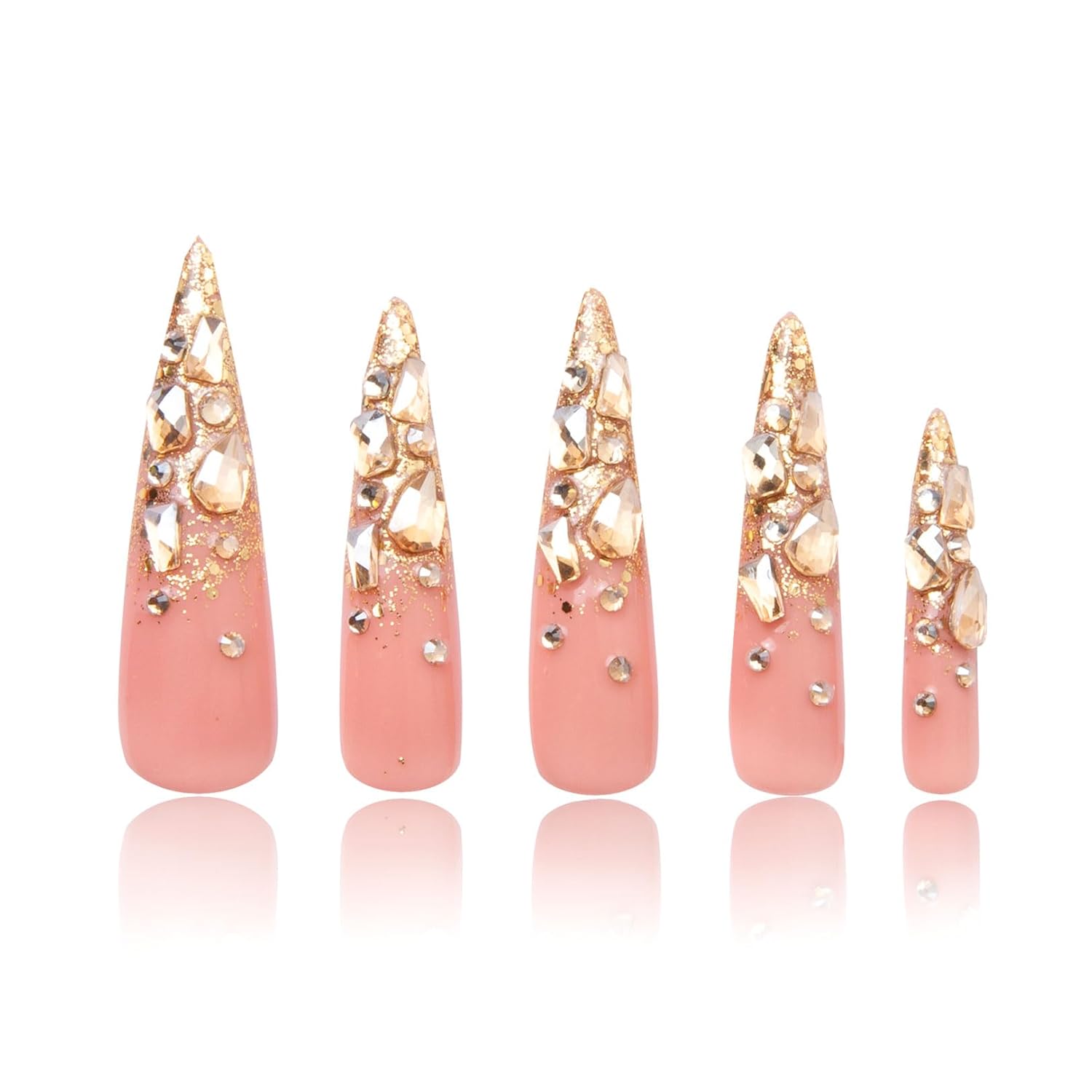 LOVFUL Press on Nails Stardust Gold Rhinestone | Handmade with Full Covered Crystals | Reusable Full Cover Nails | Stiletto Long 2.2 in | H84-M