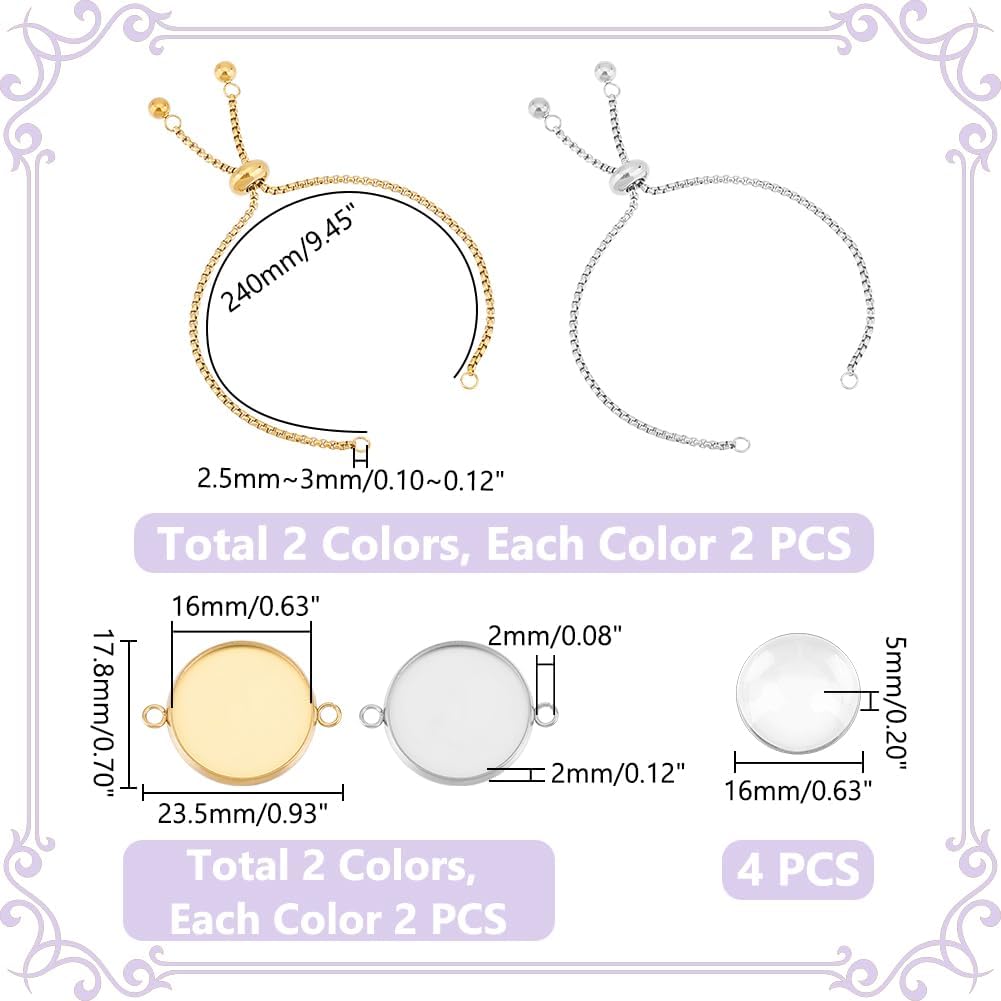 UNICRAFTALE 4 Sets 2 Colors Stainless Steel DIY Blank Dome Link Bracelet Making Kit Adjustable Slider Bracelets Chain with Round Cabochon Connector Bezel with Glass Cabochons for Jewellery Making - Image 3