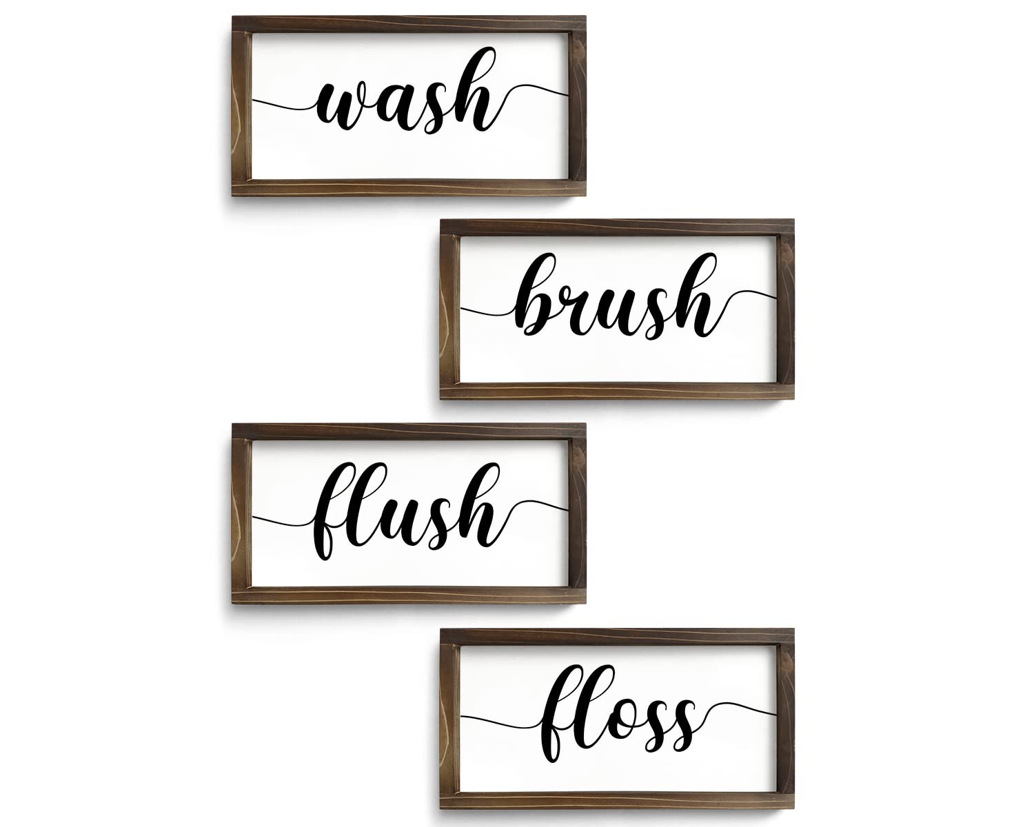 Pinetree Art4 Pieces Framed Farmhouse Bathroom Wall Decor - Wash Brush Floss Flush Signs - Rustic Wall Hanging Wooden Signs Bathroom Wall Art Home Laundry Room Bathroom Decor (6”x12”x4, white)