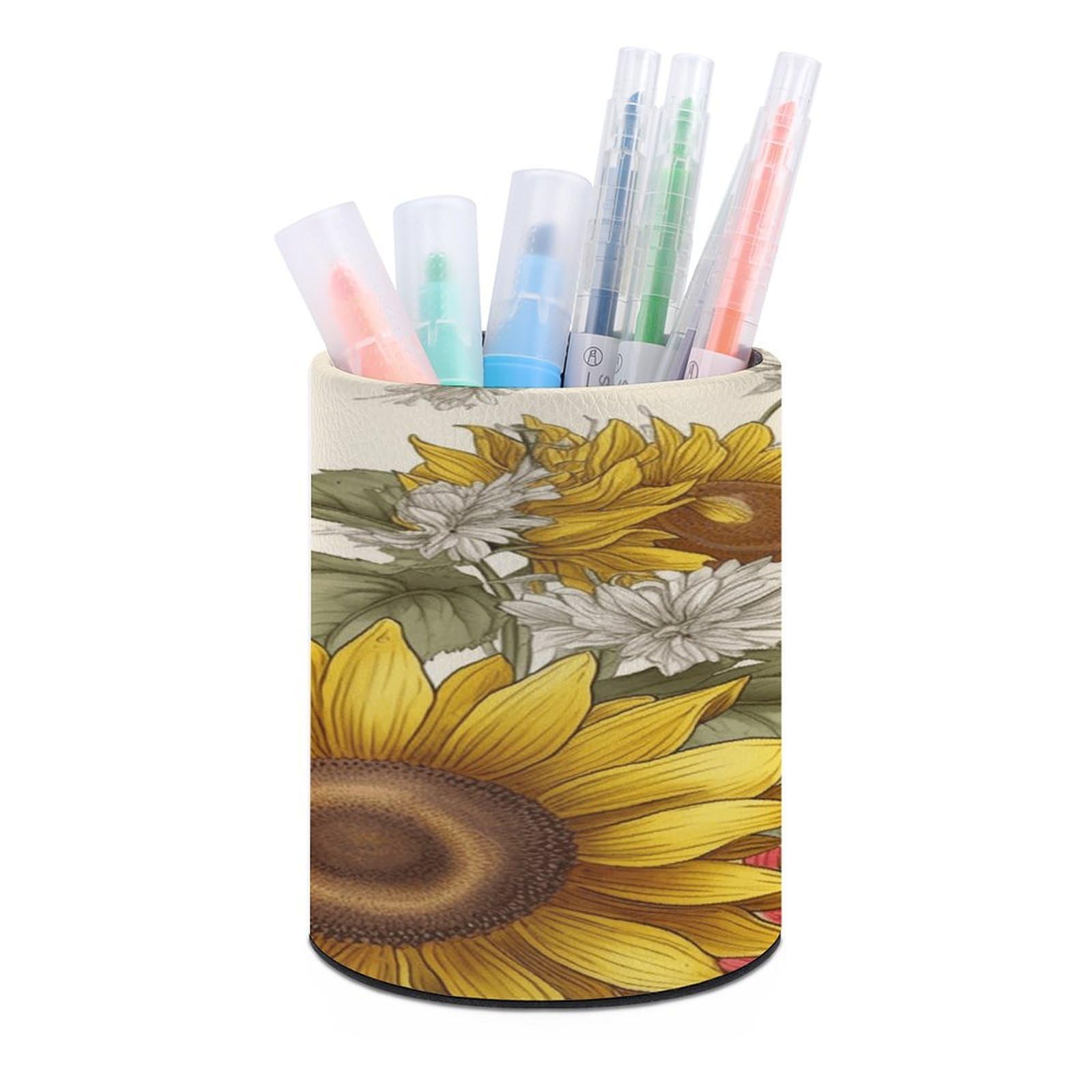 Bees Sunflowers Daisy Rose Flowers Pen Holder for Desk Makeup Brush Holders Stylish Pen Cup Cute Pencil Cup Round Pencil Holder Decor Brush Scissor Holders for Multifunctional Office Supplies