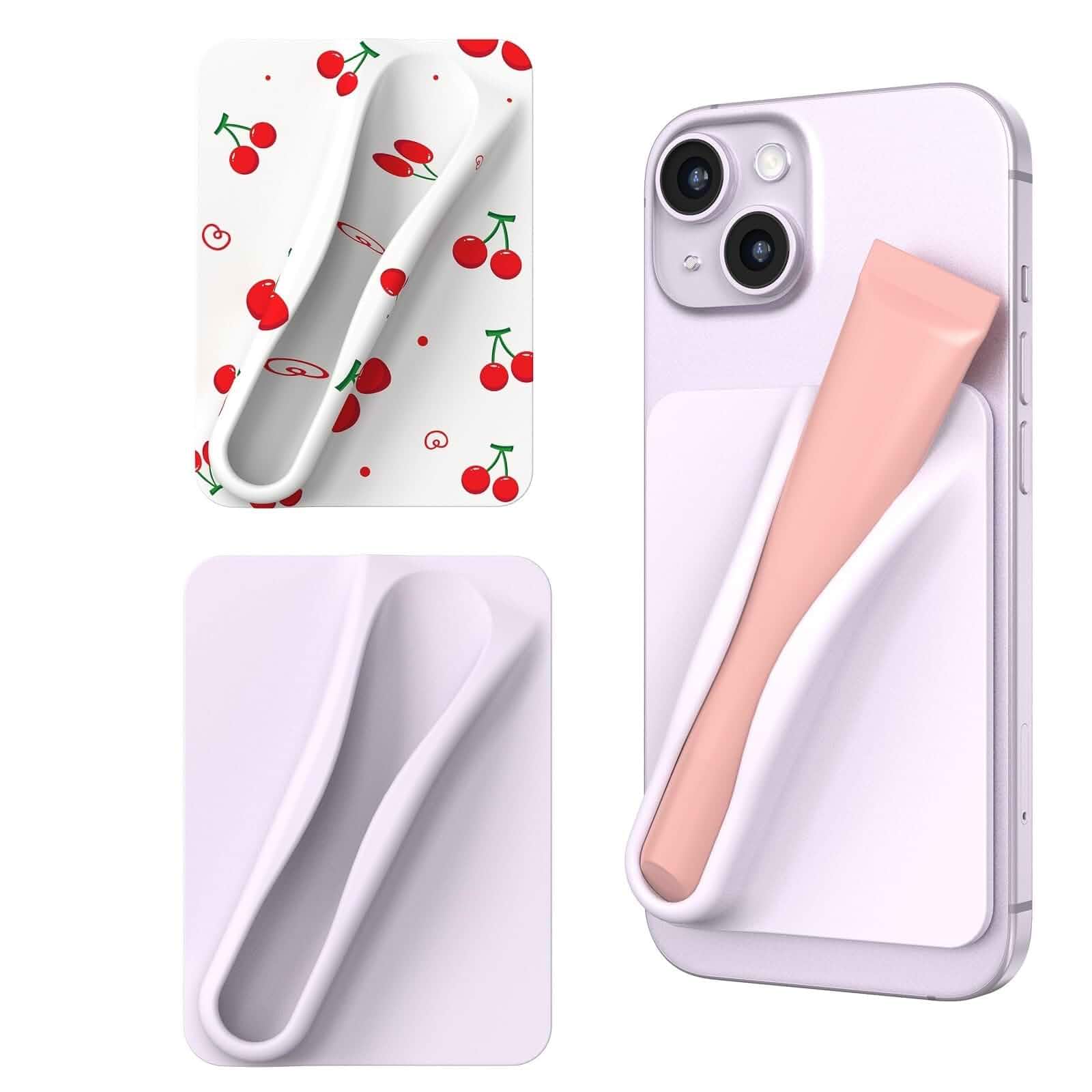 DOB SECHS 2 PCS Silicone Lip Holder Compatible with Rhode, Lipstick Lip Sleeve Stick On Phone Case Back for iPhone and Android Phones, White and Cherries, Purple