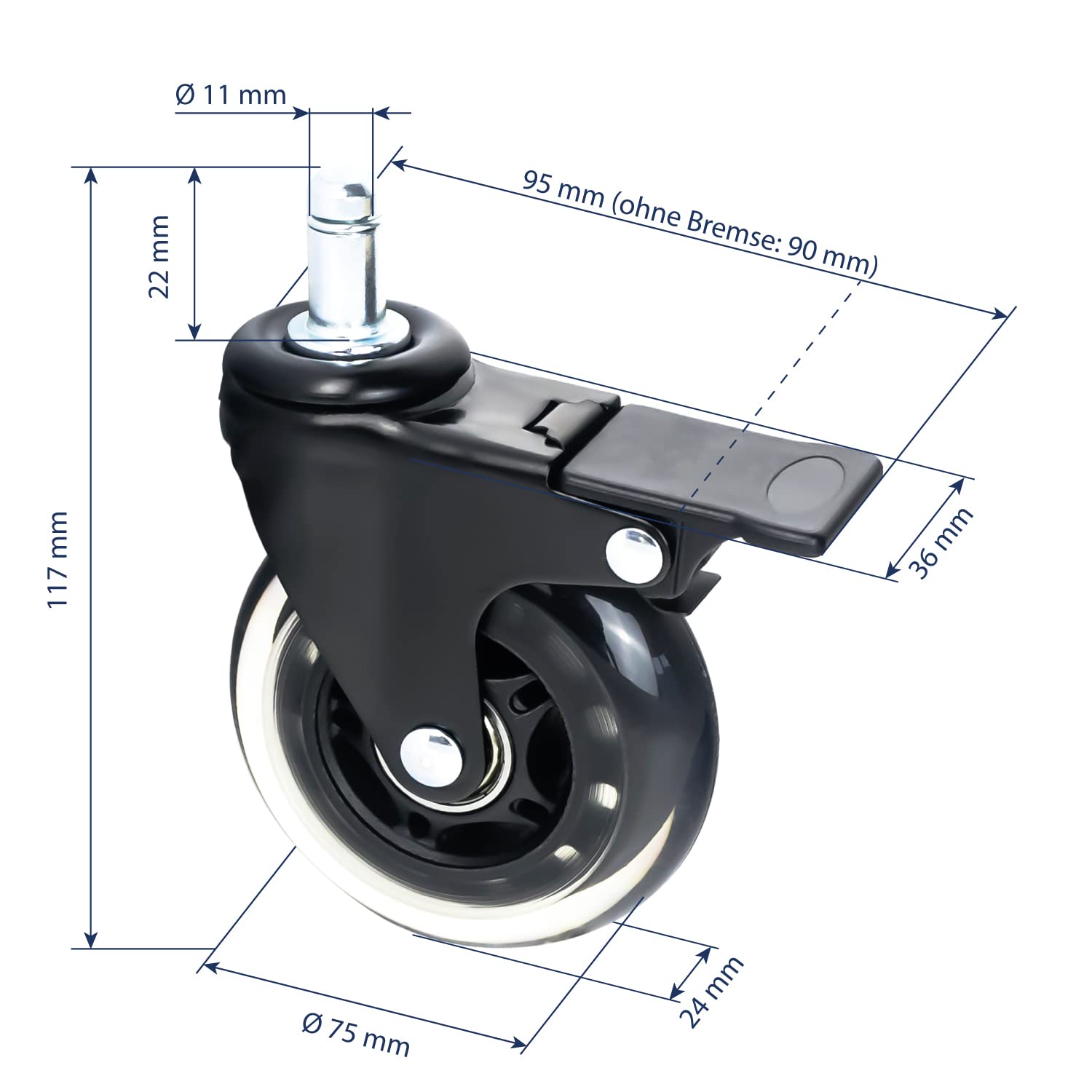 HMF 6810 kółka do twardych podłóg biurowych z funkcją hamowania, 5 sztuk, 11 mm, czarne