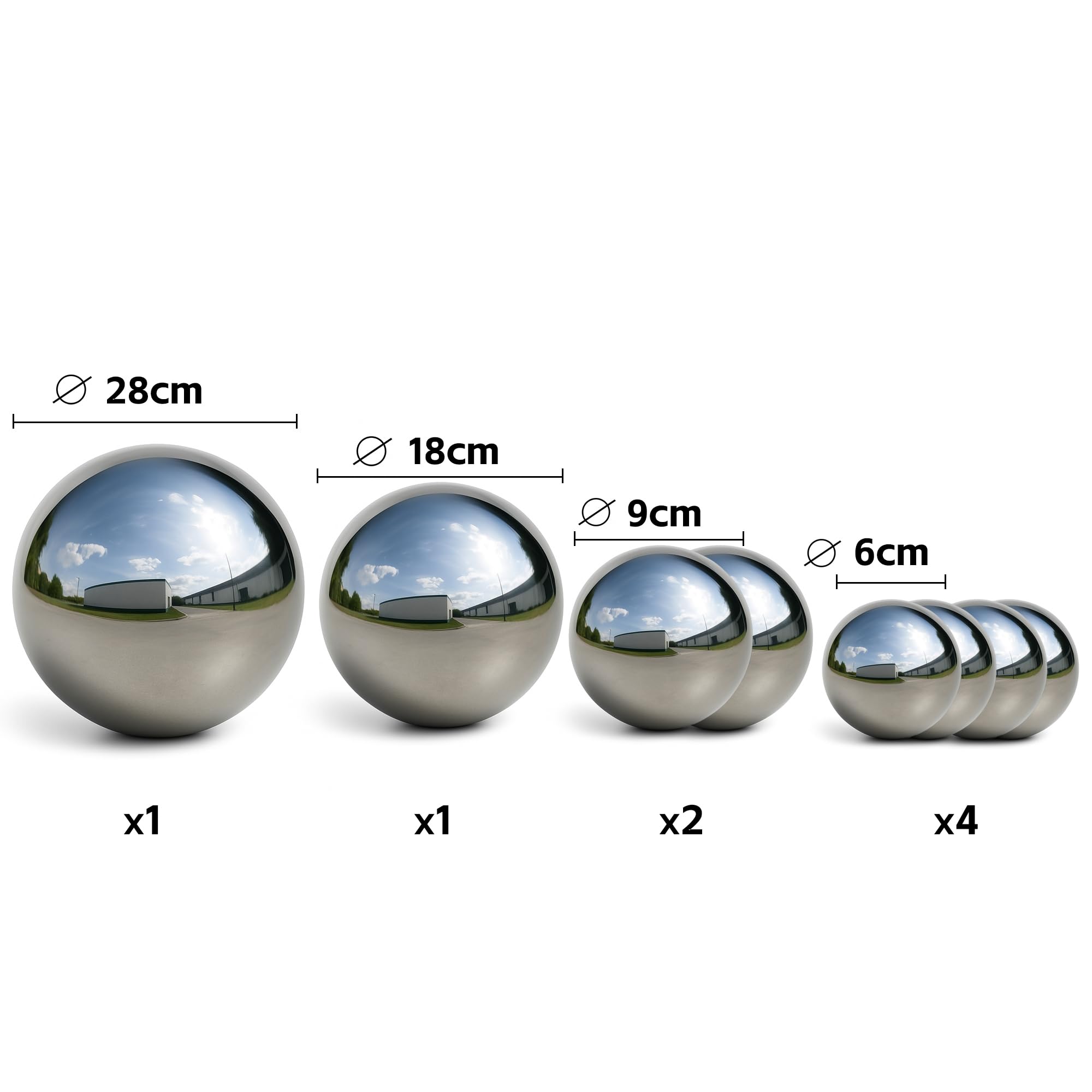 Köhko 8er Set Dekokugeln in 4 unterschiedlichen Größen (1xØ28cm, 1xØ18cm, 2xØ9cm und 4xØ6cm) Glänzend polierte Edelstahlkugel Gartenkugeln Teichkugeln