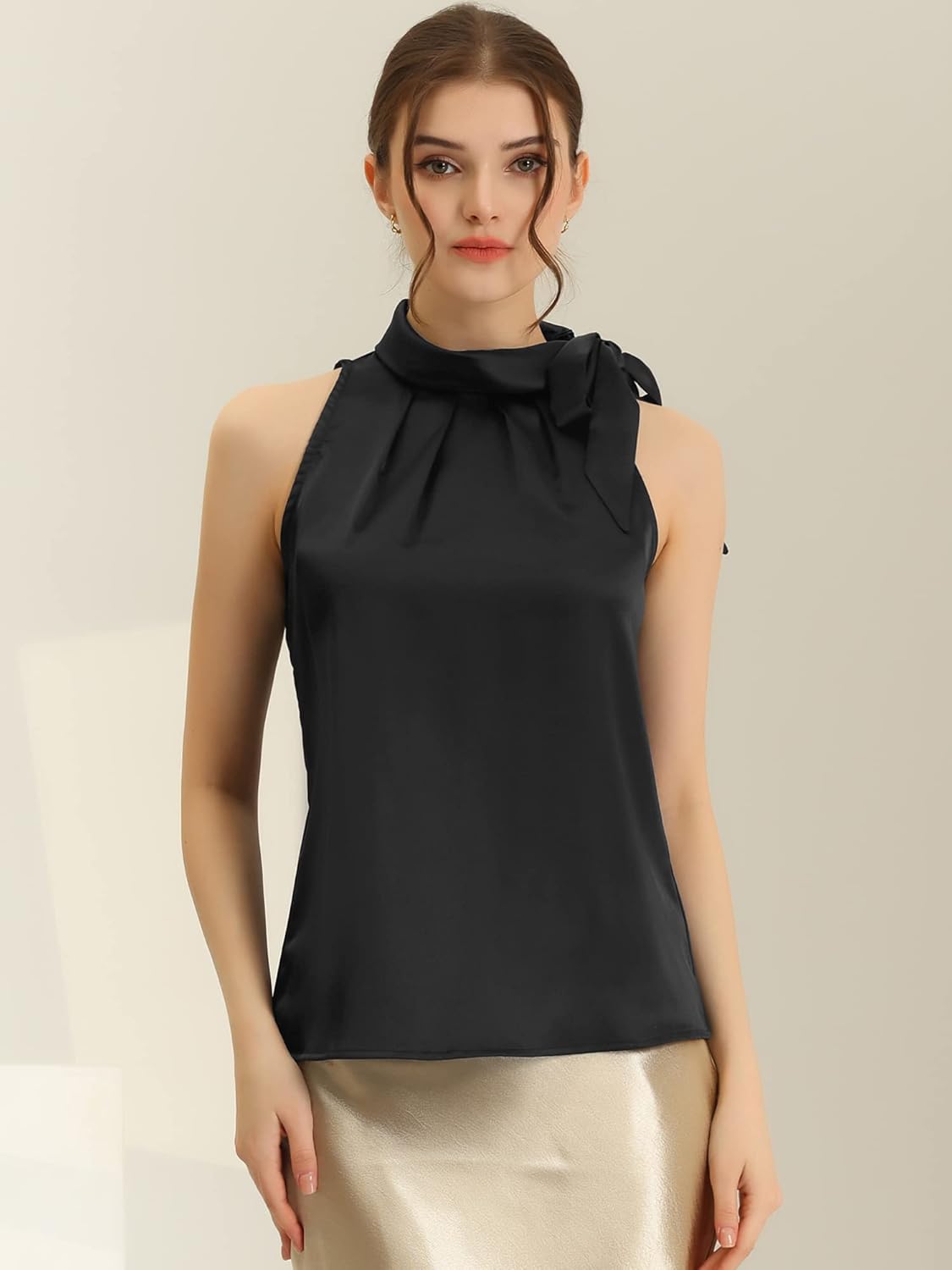 Allegra K Women's Satin Tank Tops Dressy Casual Bow Tie Mock Neck Sleeveless Work Blouse Shirt - Image 2