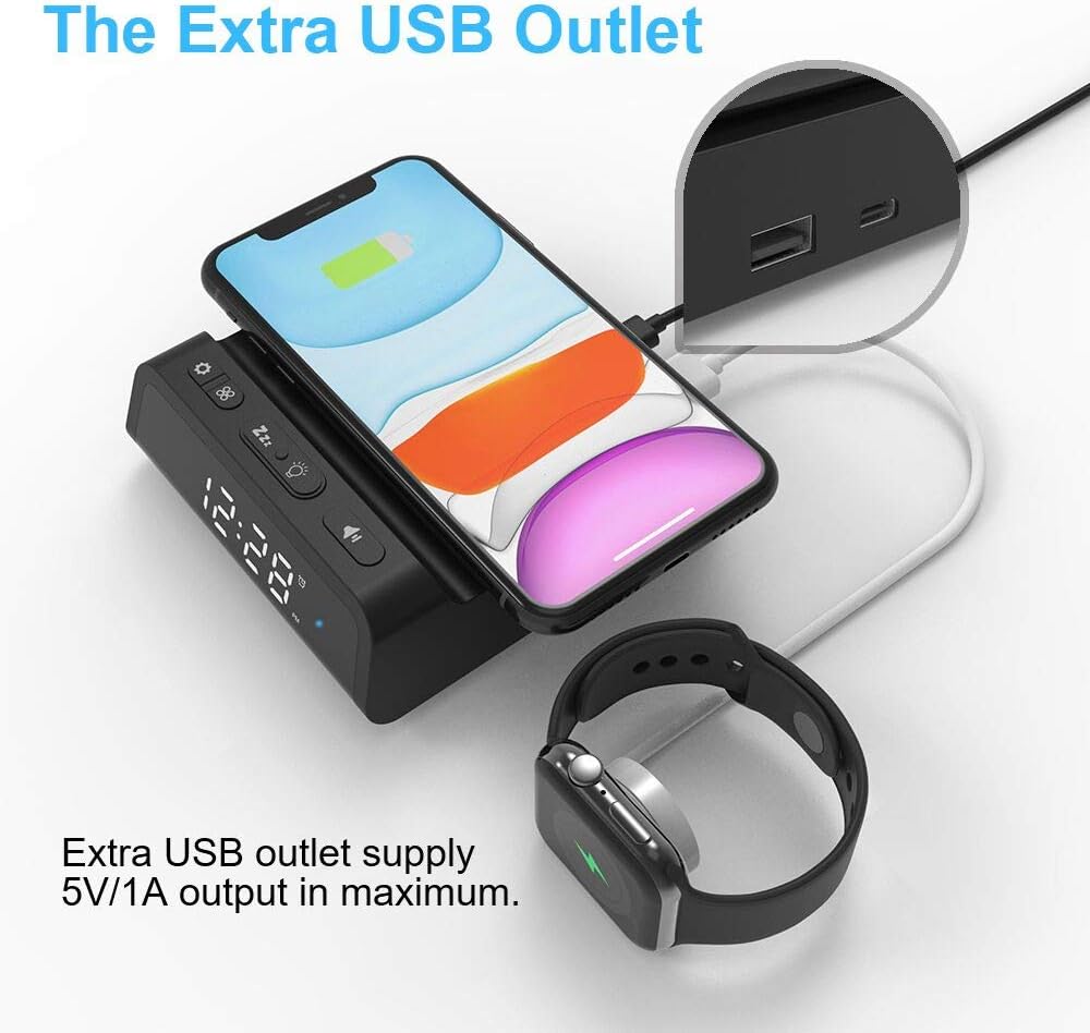 Alarm Clock with Wireless Charging Pad, Sleep Timer,7.5W Wireless Charger for iPhone 12/11/Pro Max/SE2/XR/XS/X/8/8plus,10W Fast Wireless Charging for Galaxy S20/S10/S9/Note10/9/8, Additional USB Port
