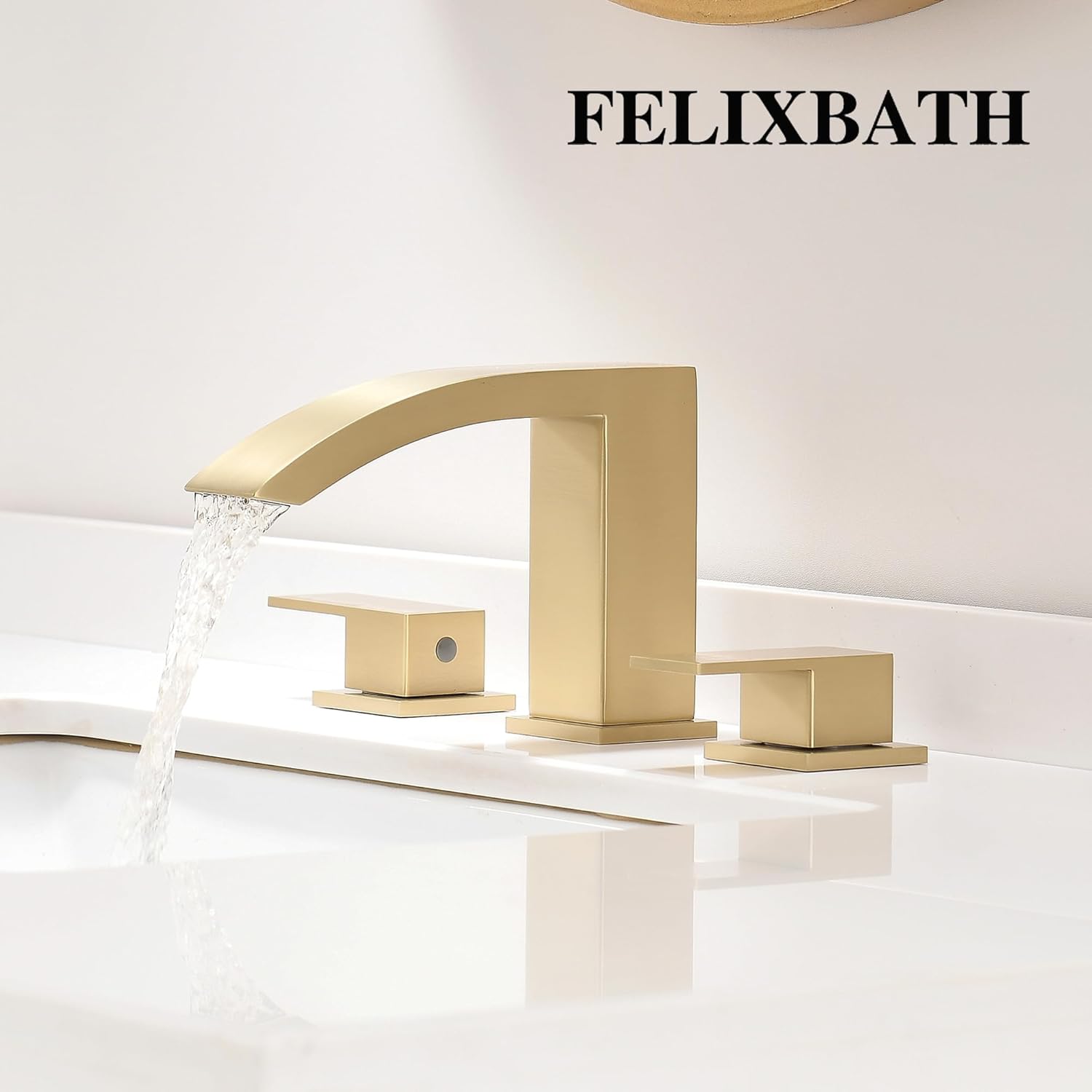 Brushed Gold Waterfall Bathroom Faucet 3 Holes - 8 inch Bathroom Sink Faucet 2 Handles - Stainless Steel Widespread Bathroom Vanity Faucet with Pop Up Drain & 2 Water Supply Lines