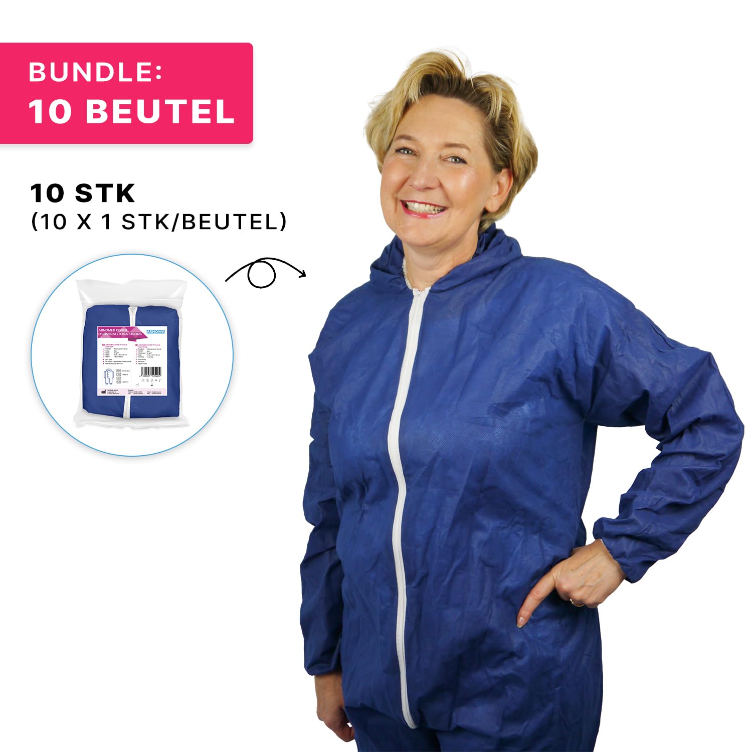 10x ARNOMED® Schutzanzug Einweg Extra Stark XXL, Einwegoverall Blau | Einweganzug, Einweg Maleranzug & Lackieranzug, Staubschutzanzug, Maleroverall, Schutzanzug, Einmalanzug