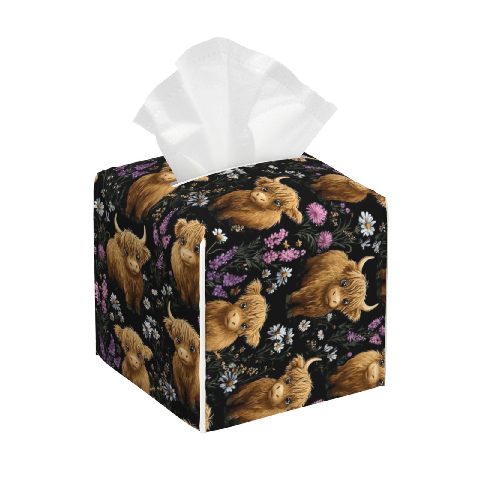 Rustic Cow Floral Print Tissue Box Cover Holder Square, Foldable Modern Cube Tissue Box Cover, Leather Decorative Organizer for Tabletop Bathroom Car Office Desk Decor