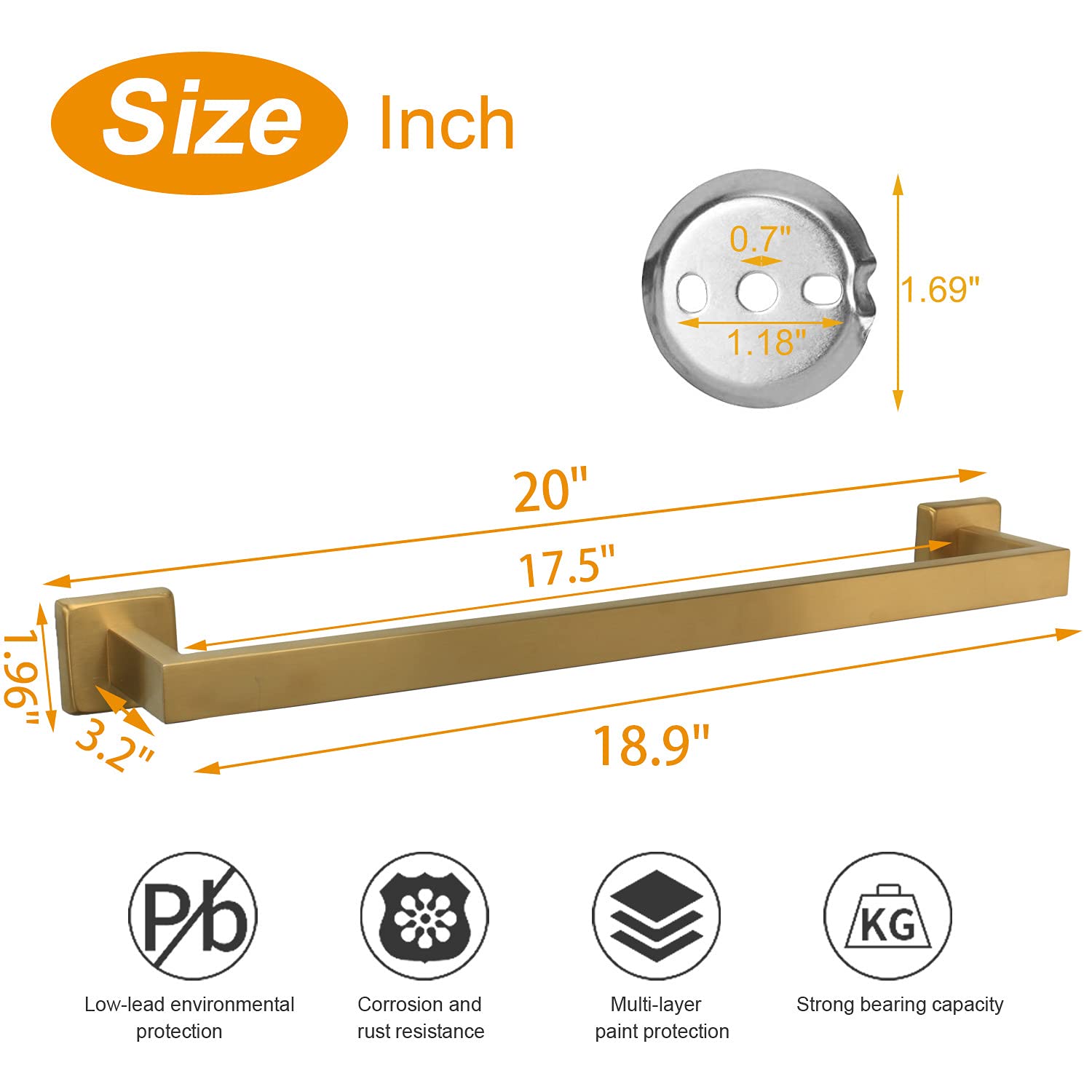 TocTen - Toallero de baño, base cuadrada gruesa, barra de toalla de acero inoxidable SUS304 para baño, accesorios de baño, barra de toalla resistente montada en la pared (dorado cepillado, 51 cm)