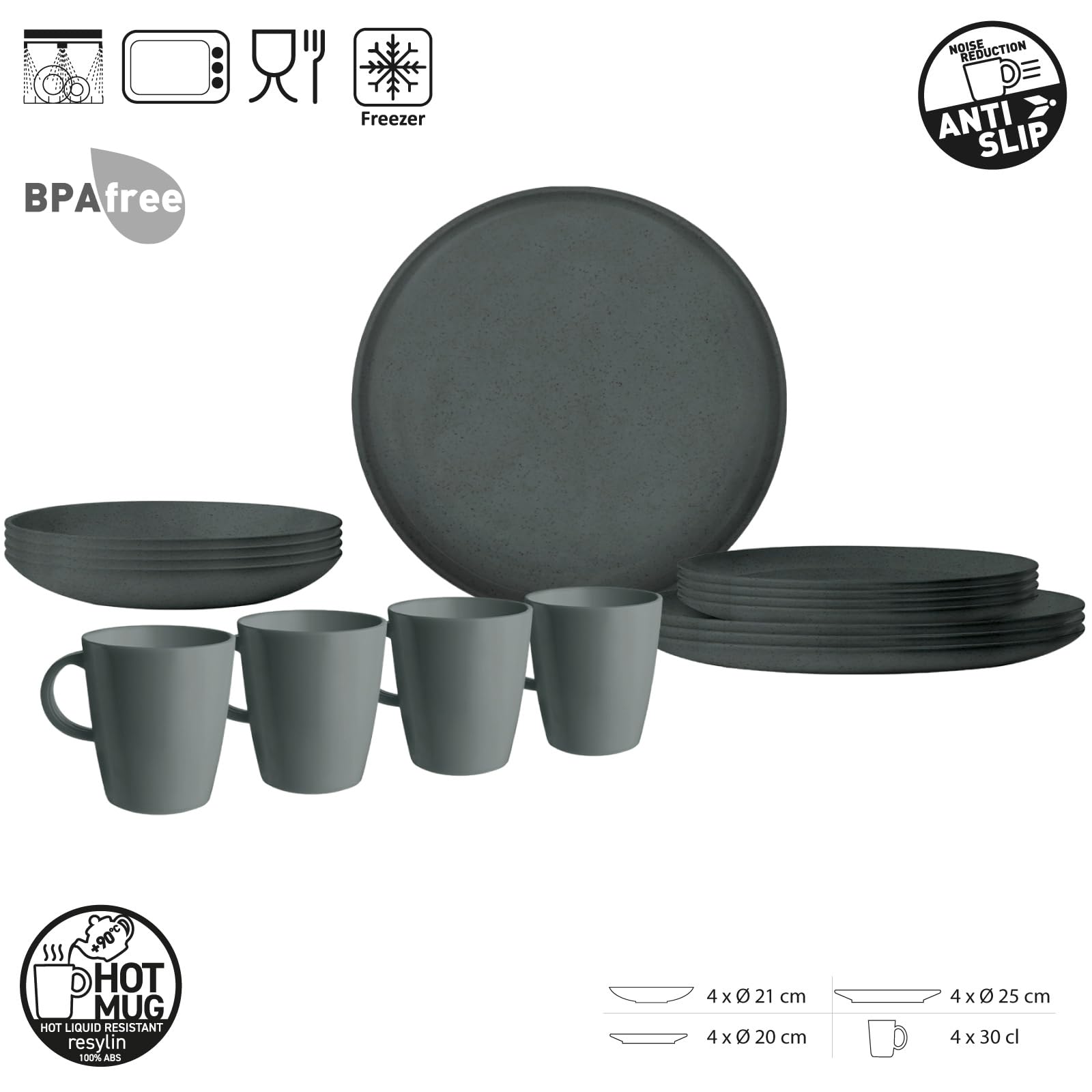 Brunner Campinggeschirr Set Lunch Box RPET Tierra Camping Teller Schüssel 12 TLG Dunkelgrau