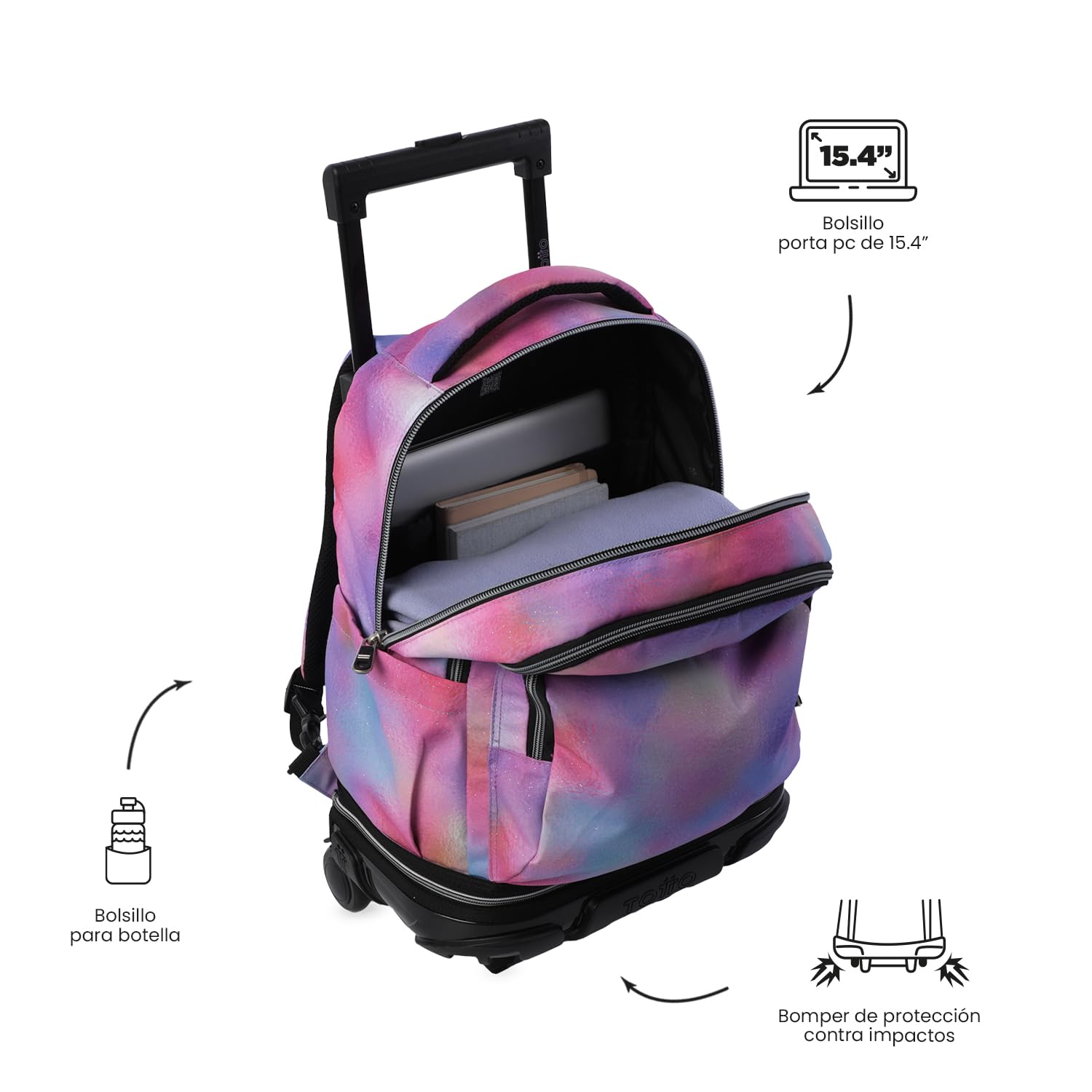 TOTTO - Mochila Escolar con Ruedas Desmontables, Modelo Tiza Glitter, Capacidad 26 L, Mochila PC 15.4", Bolsillo Botella, Manija Telescópica, Espaldar Ergonómico y Correas en S, Estampado Bloom