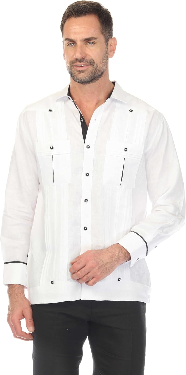 Mojito Collection Men's 100% Linen Two Pocket Guayamisa with Wide Pleating & Print Contrast