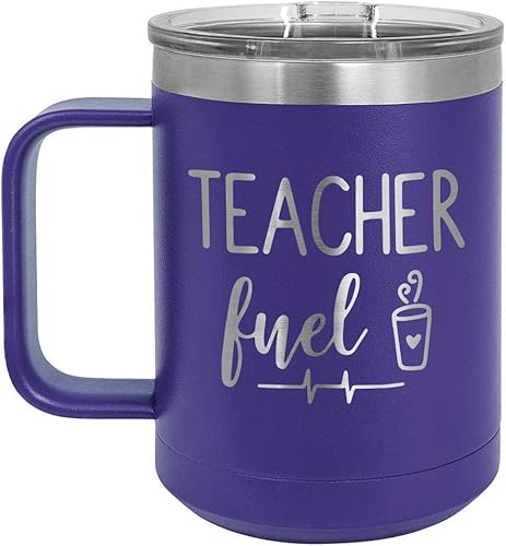 TEACHER FUEL Púrpura 15 oz Taza de café wtapa deslizante  Taza de café de viaje aislada  Ideas de regalos de cumpleaños o Navidad de mujeres u