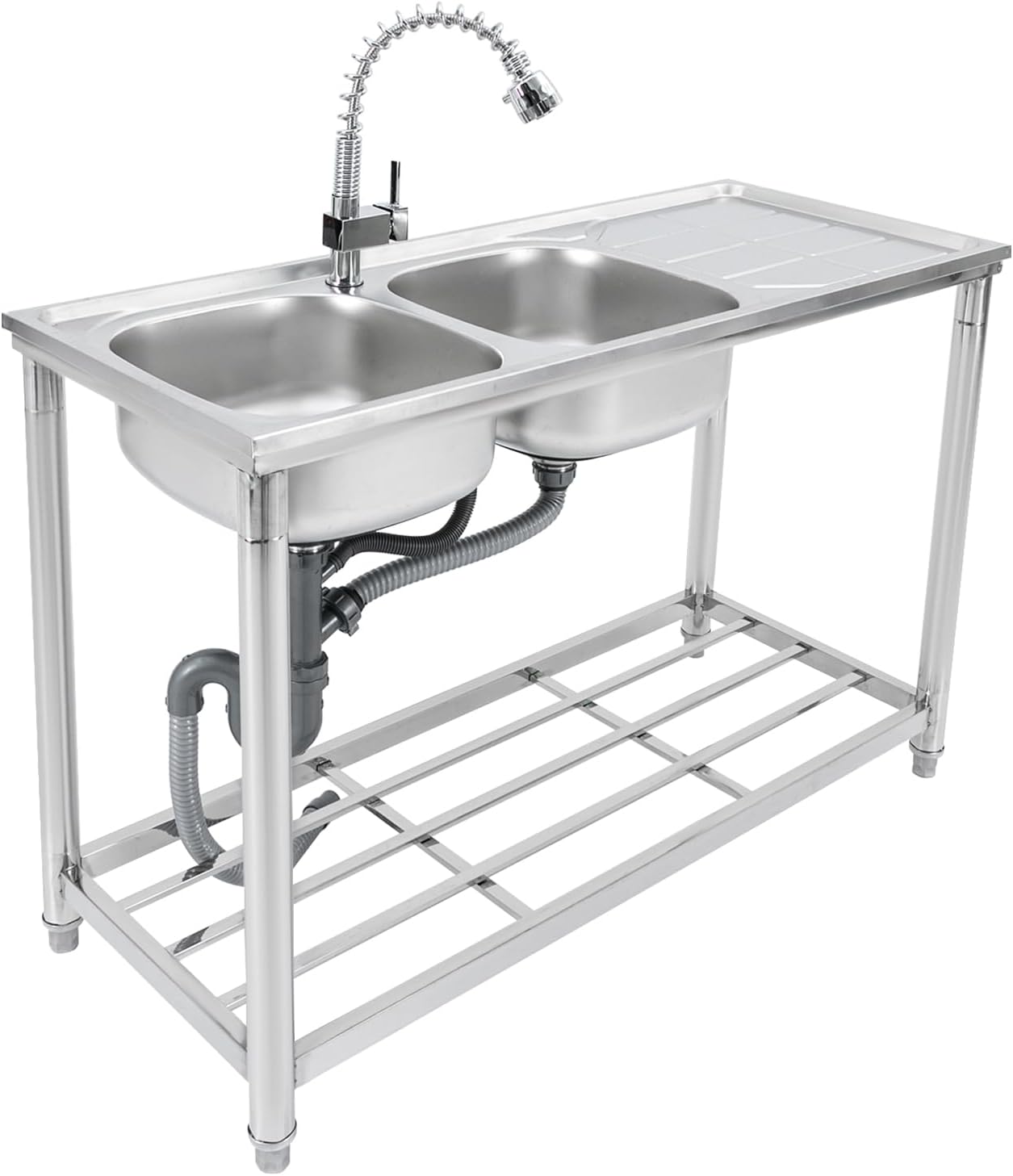 Double Bowl Sink, Commercial Stainless Steel Utility Sink, 120 x 50 x 80cm Kitchen Prep Sink with Pull-Out Faucet, Free-Standing 2-Compartment Sink, Load 220lbs for Restaurant, Bar, Cafeteria