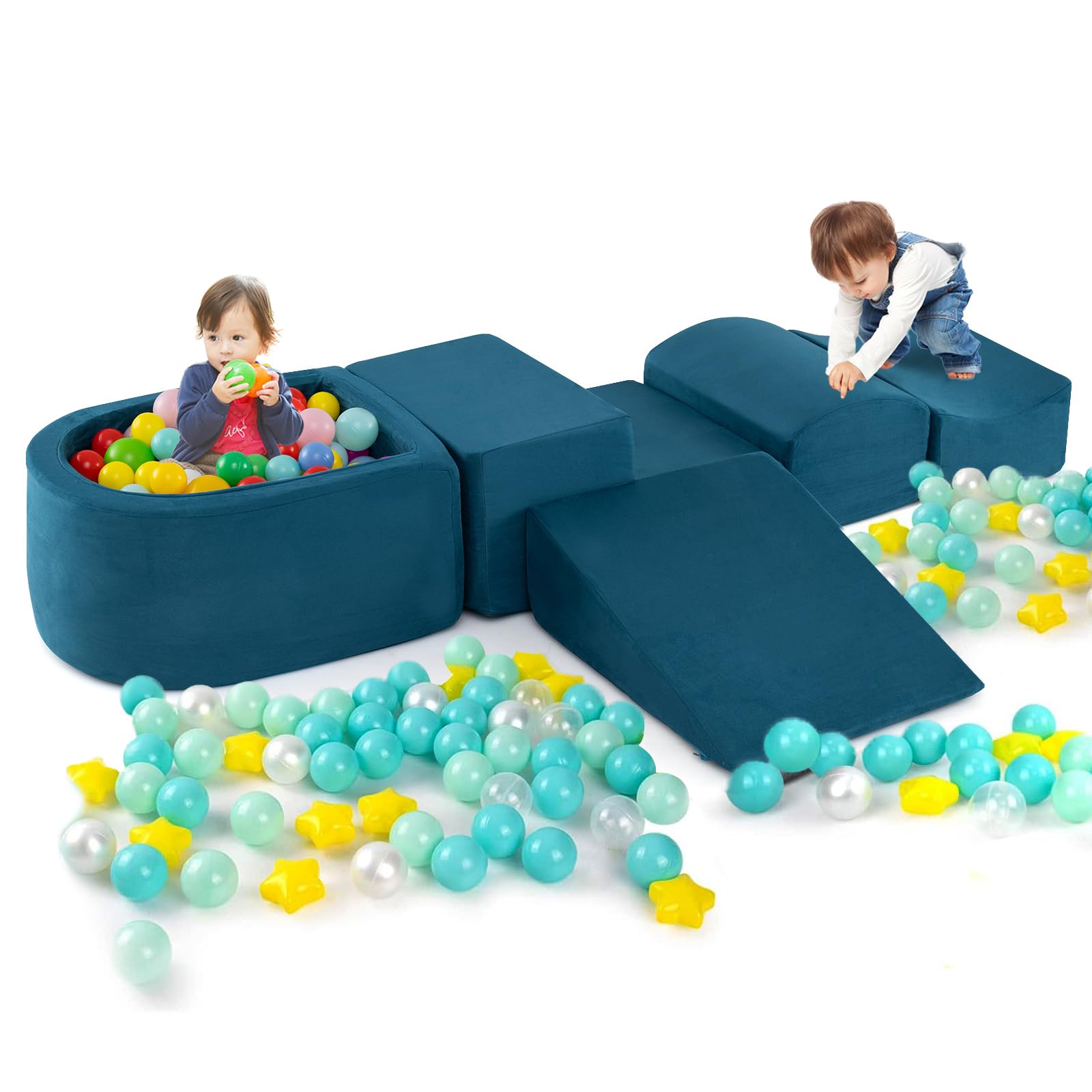 COSTWAY Juego de Escalada y Rampa de 5 Piezas, Bloque de Escalada con Piscina de Pelota Infantil, Funda Lavable a Máquina con Cremallera, Bloques de Construcción Creativos,Sin Pelotas de Mar (Beige) — view 16
