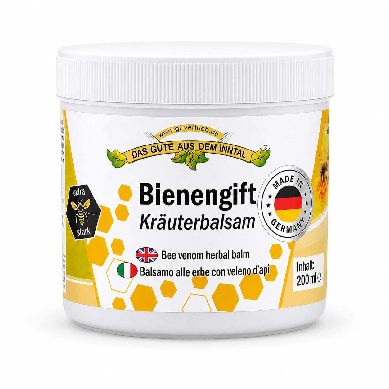 Bienengiftsalbe 200ml - Pflegecreme Kräuterbalsam extra stark - Wärmend & kühlende Bienencreme mit 12 Pflanzenextrakten, Menthol & Avocadoöl - Bienengift nach Sport & Belastung
