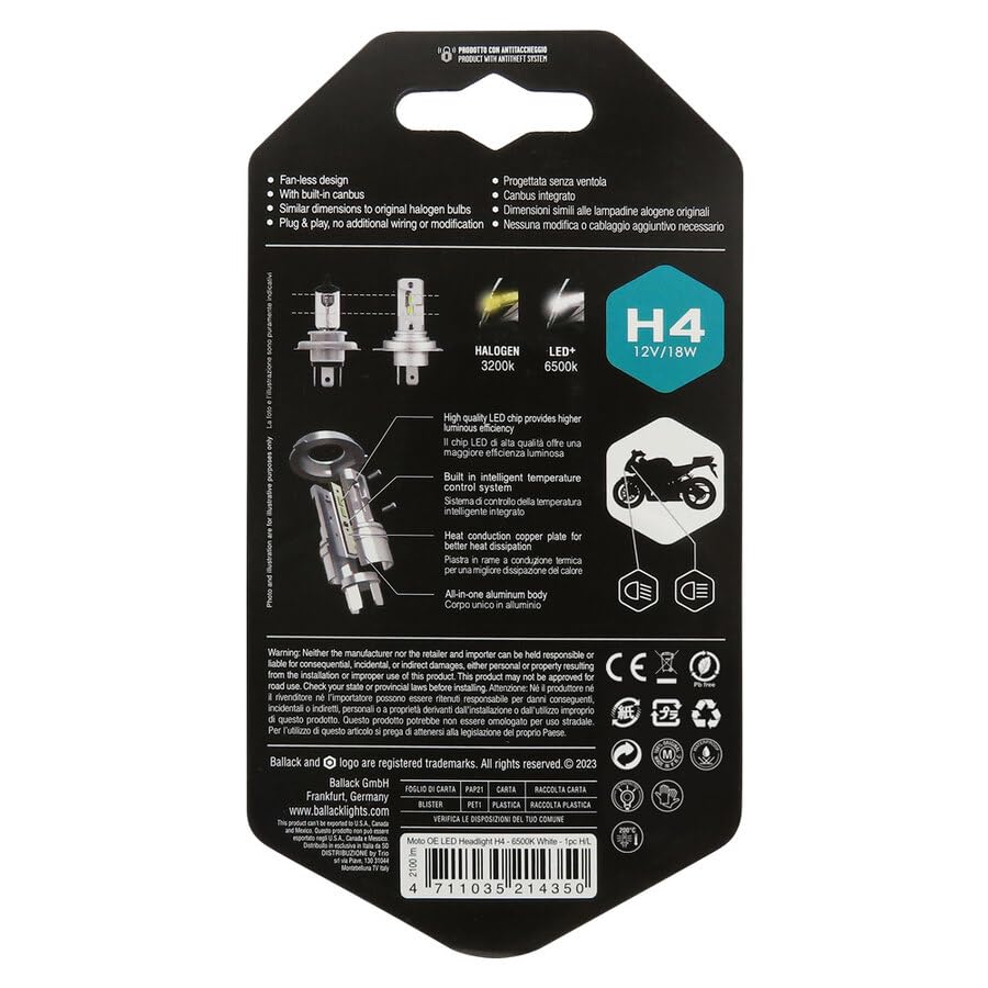 BALLACK Lampada auto Led H4, 12V 6500K H/L, 12V 6500K 18W, senza ventola, canbus integrato