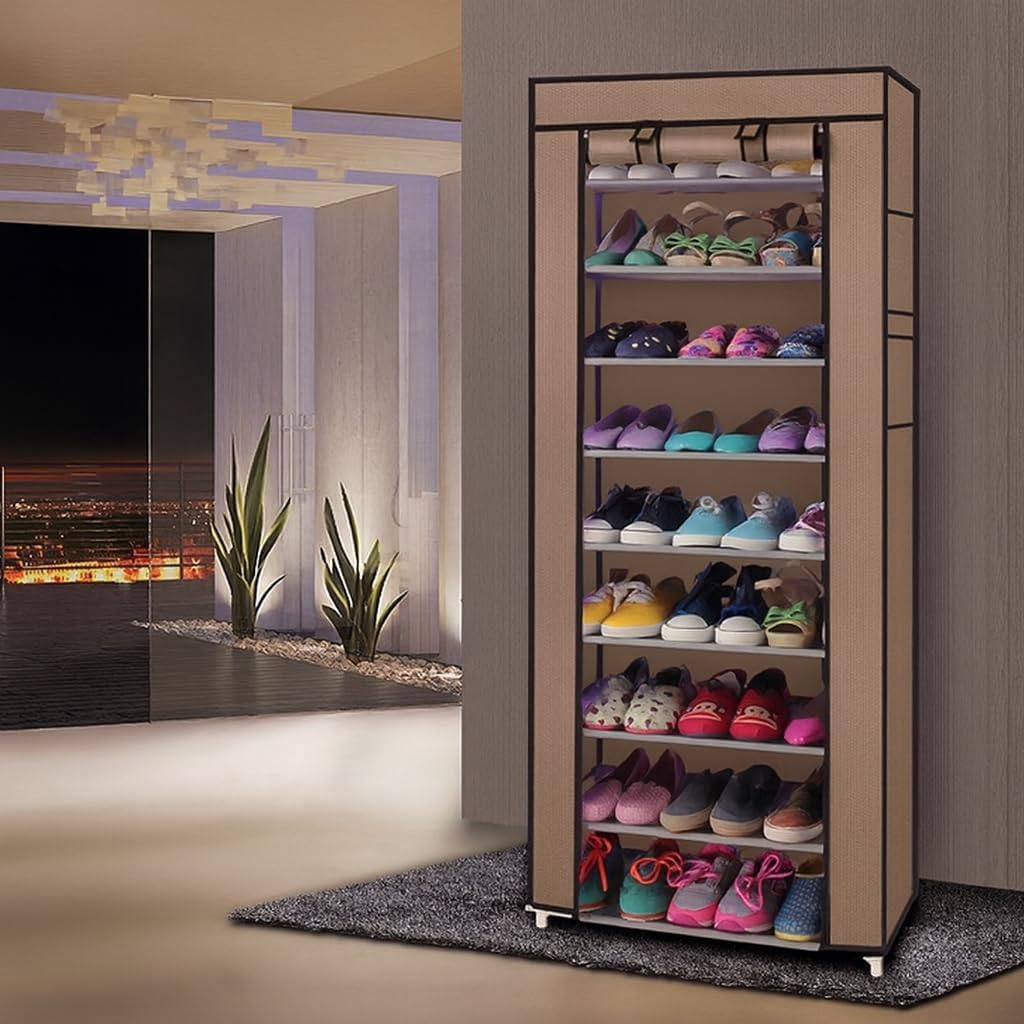 10-Tier Non-Woven Fabric Shoe Rack, Large Shoe Shelf, 2 Side Pockets Shoes Storage Cabinet Organizer with Dustproof Cover for Closets, Bedrooms, Garages, Coffee